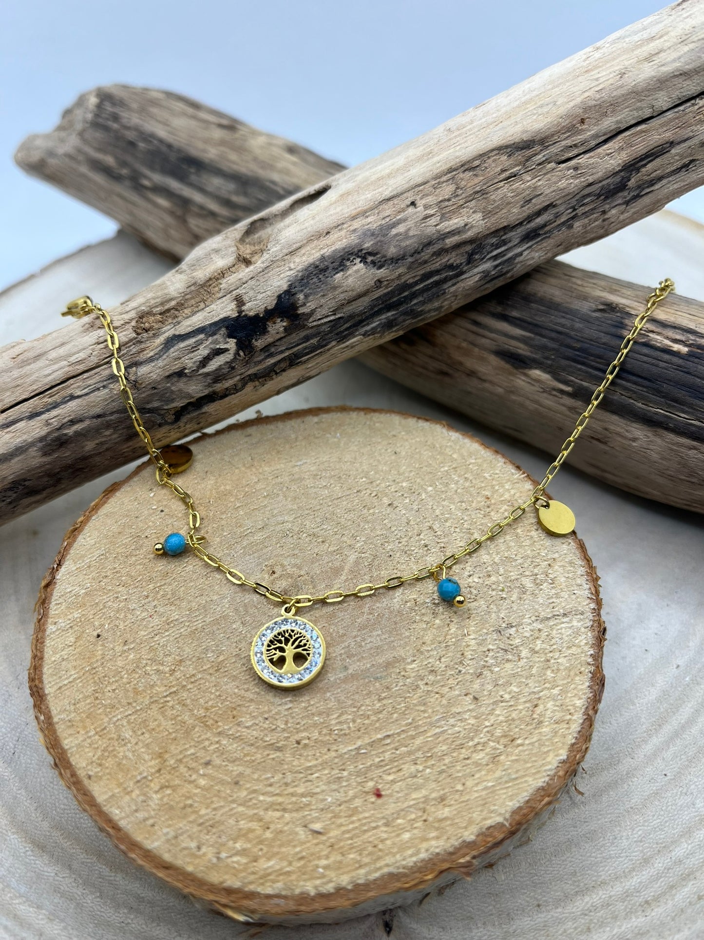 Bracelet Chaine fine Pendentif Arbre de vie orné de strass - Acier inoxydable Doré