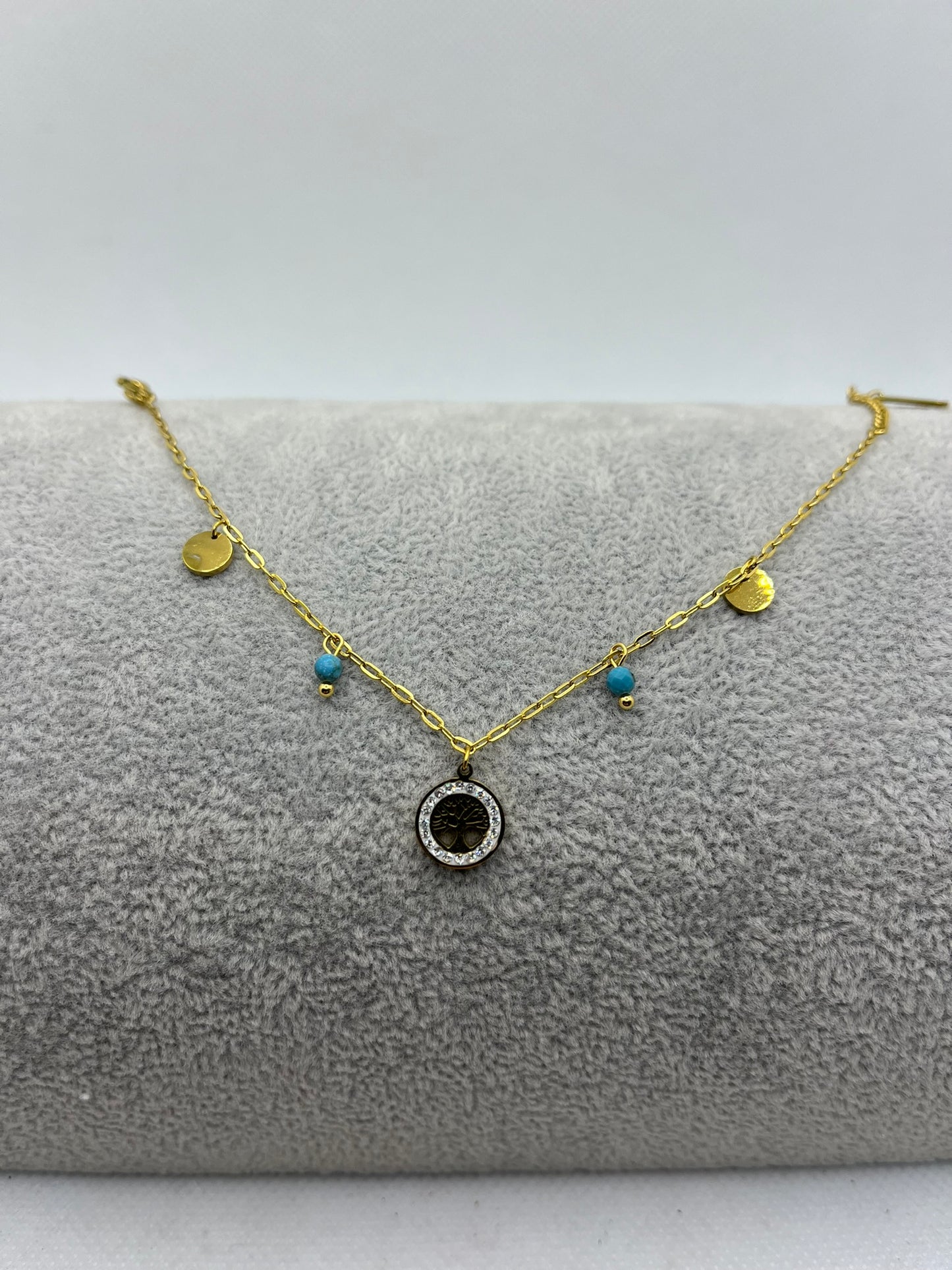 Bracelet Chaine fine Pendentif Arbre de vie orné de strass - Acier inoxydable Doré