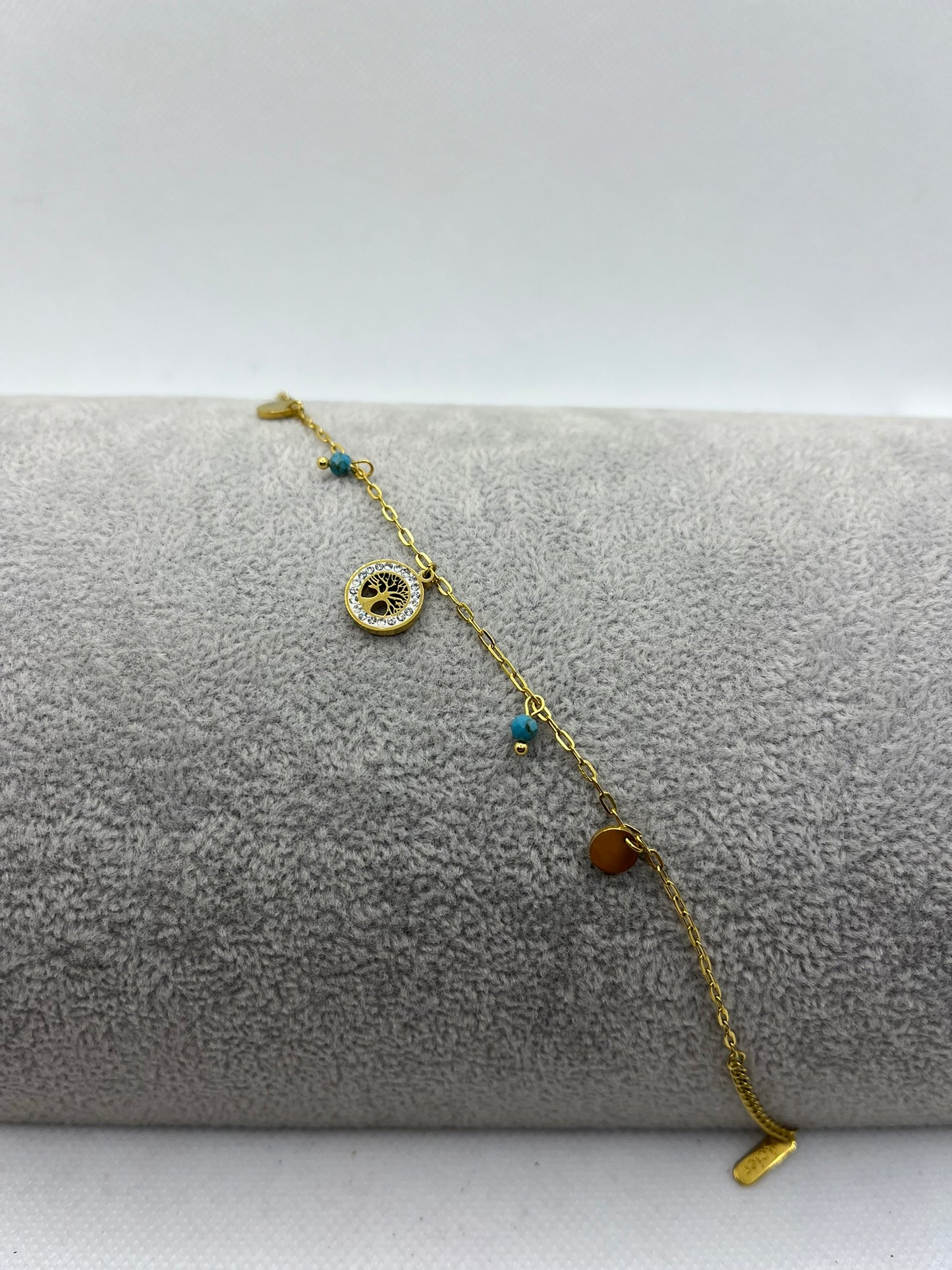 Bracelet Chaine fine Pendentif Arbre de vie orné de strass - Acier inoxydable Doré