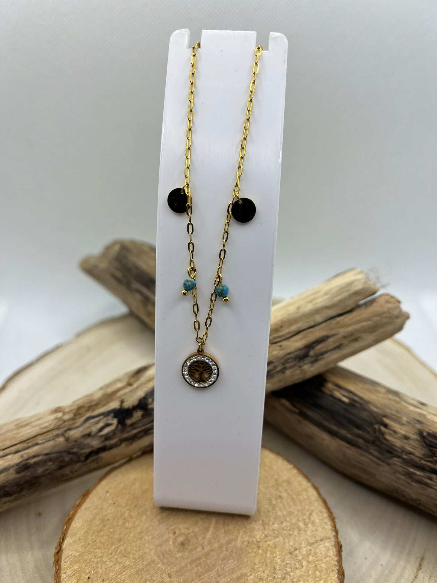 Bracelet Chaine fine Pendentif Arbre de vie orné de strass - Acier inoxydable Doré