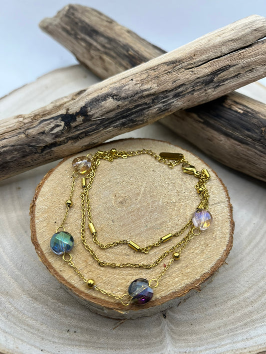 Bracelet sur 3 chaines fine et ses perles - Acier Inoxydable - Doré