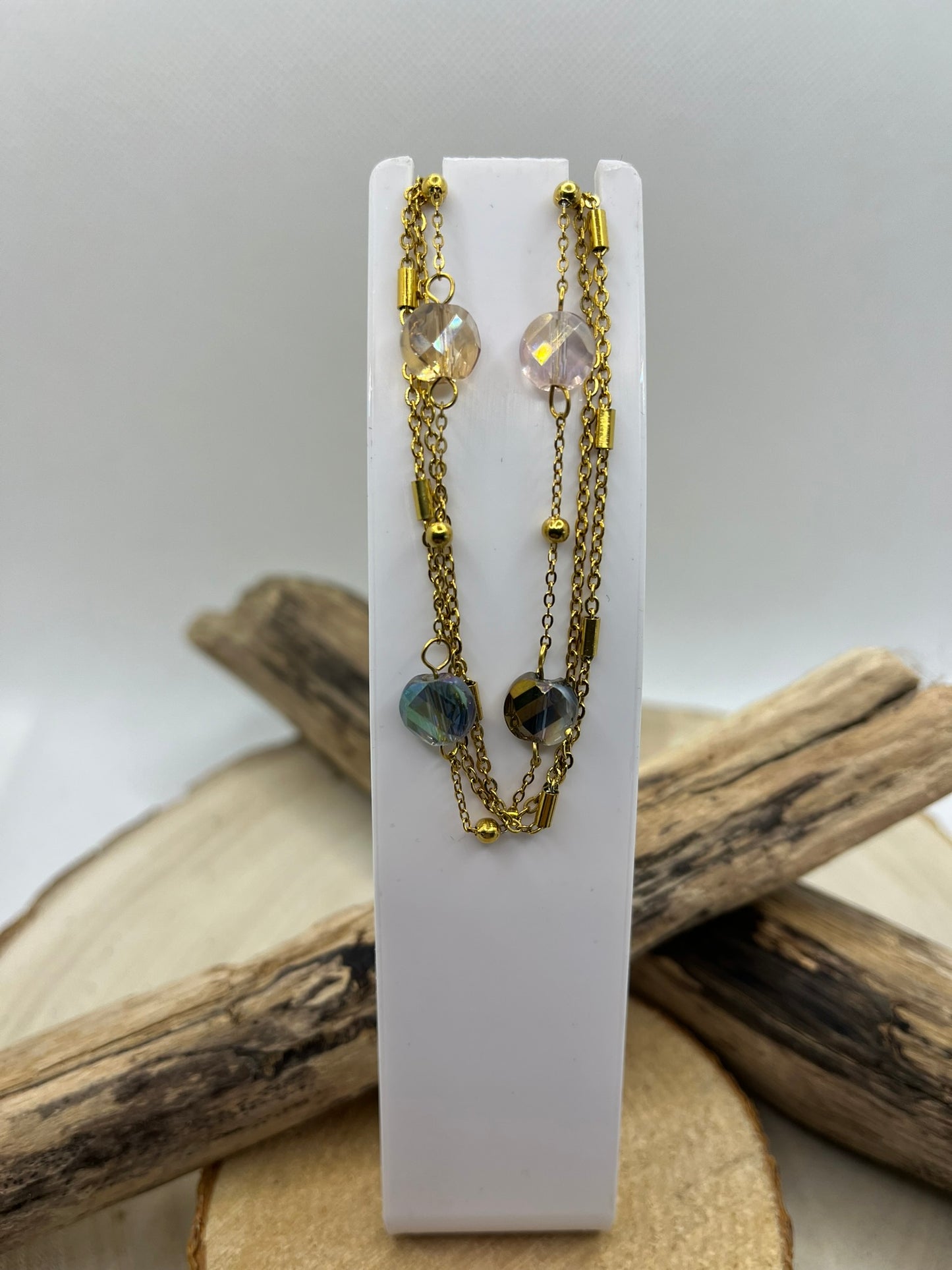 Bracelet sur 3 chaines fine et ses perles - Acier Inoxydable - Doré