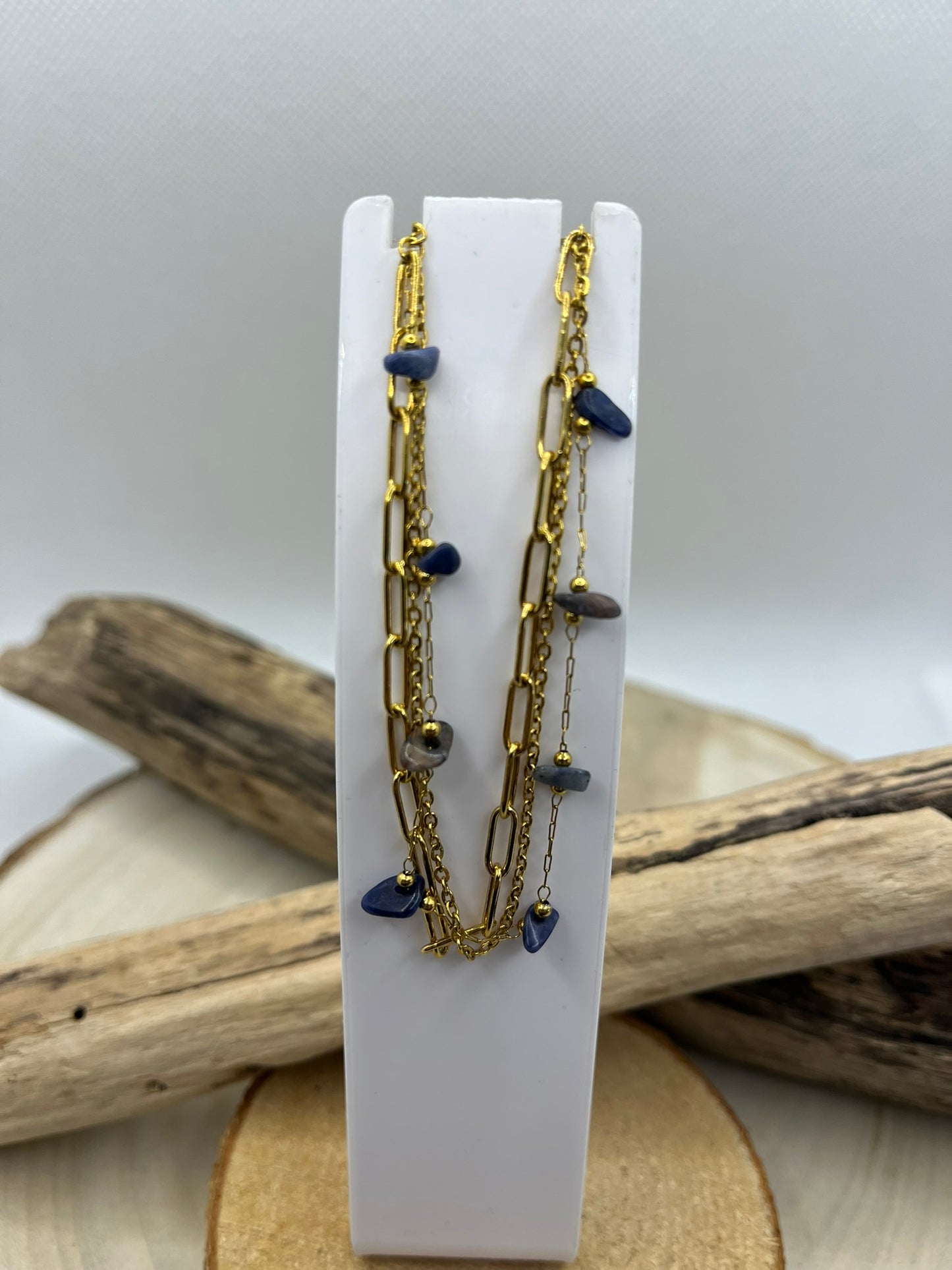 Bracelet 3 Chaines et ses perles bleu - Acier Inoxydable - Doré