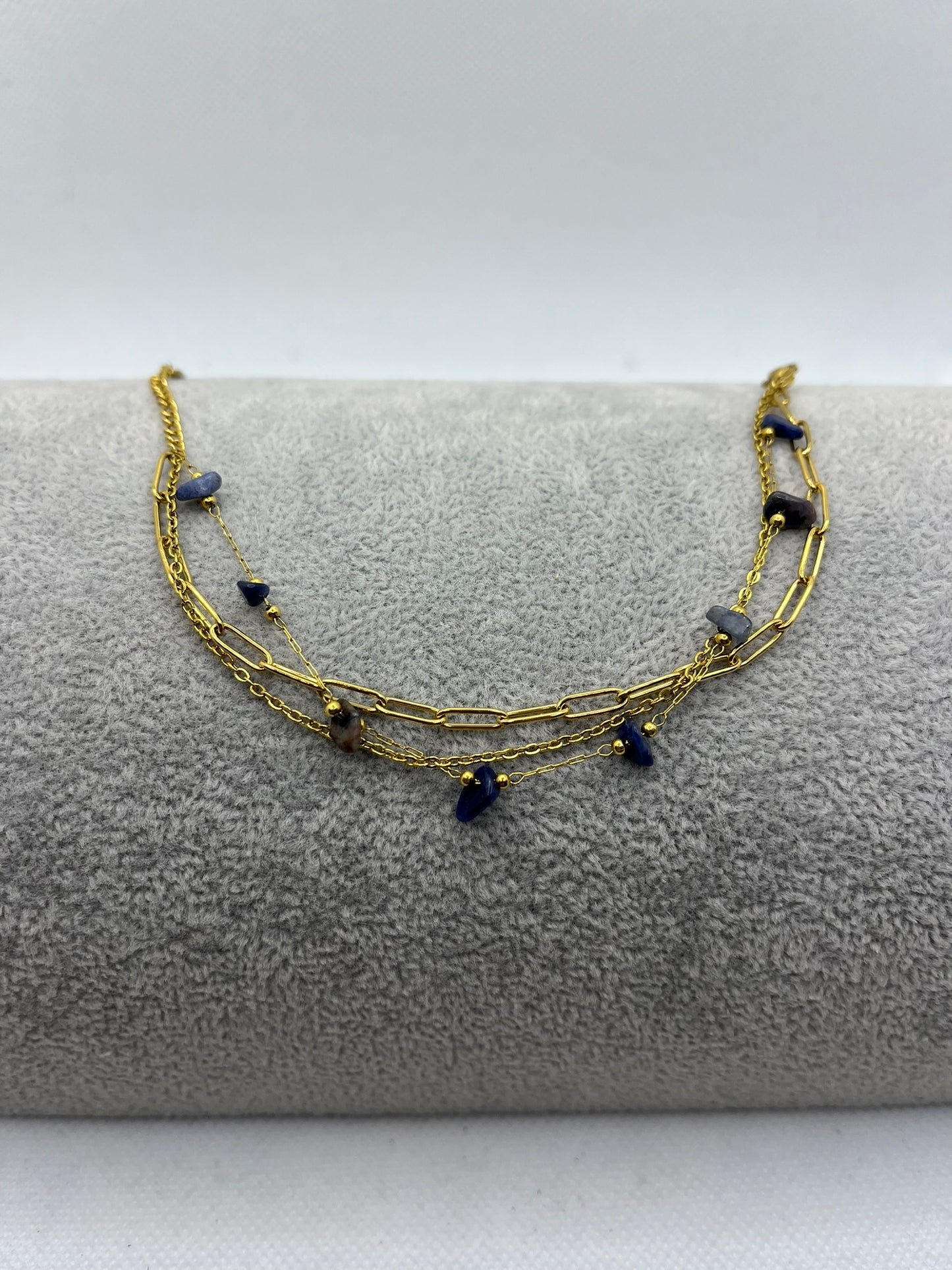 Bracelet 3 Chaines et ses perles bleu - Acier Inoxydable - Doré