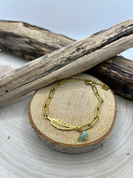 Bracelet Chaine Maillon avec Plume et pierre aventurine - Acier Inoxydable - Doré