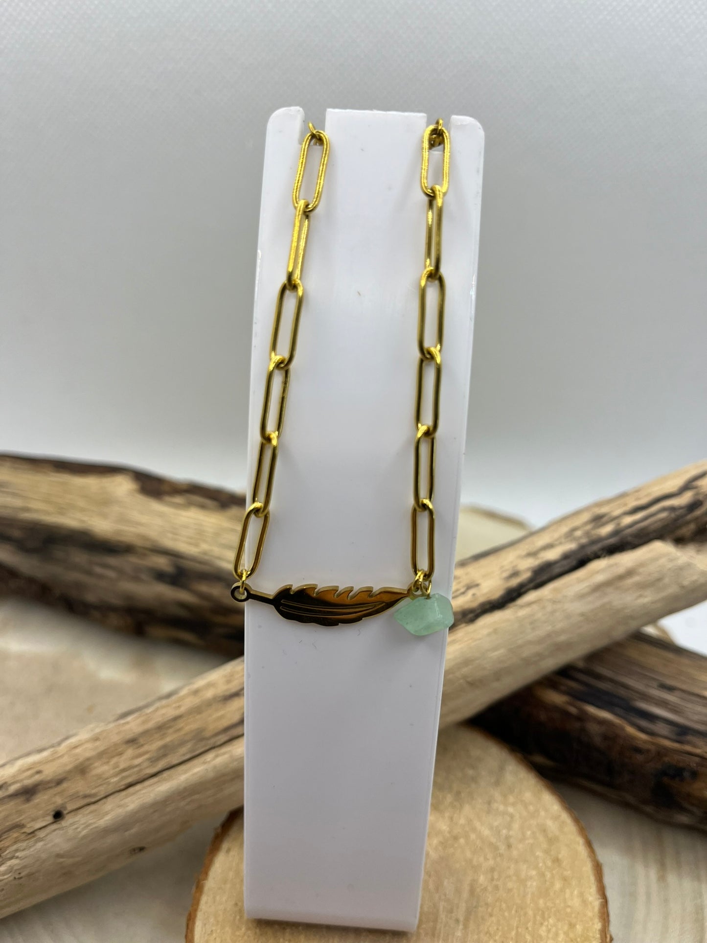 Bracelet Chaine Maillon avec Plume et pierre aventurine - Acier Inoxydable - Doré