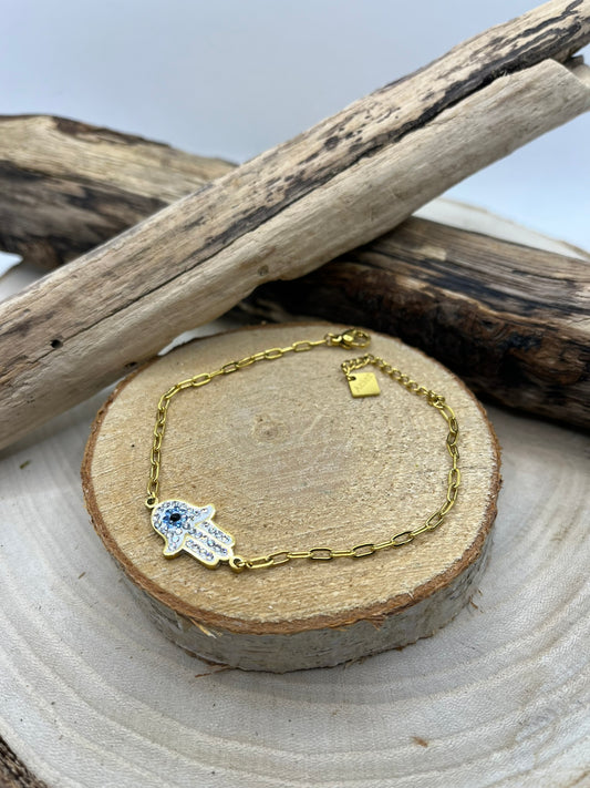 Bracelet Chaine Maillon fine avec Main et ornée de strass - Acier inoxydable - Doré
