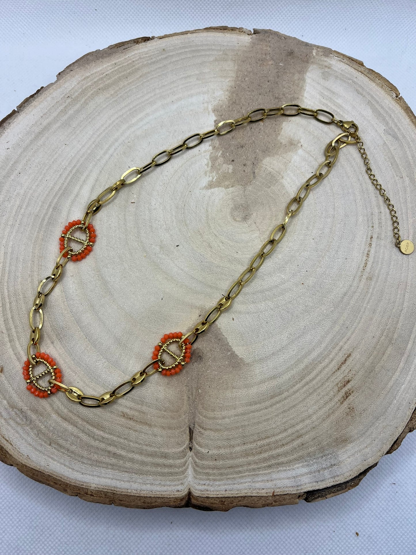 Collier maillon Chaîne Fantaisie doré et Maillon Orange