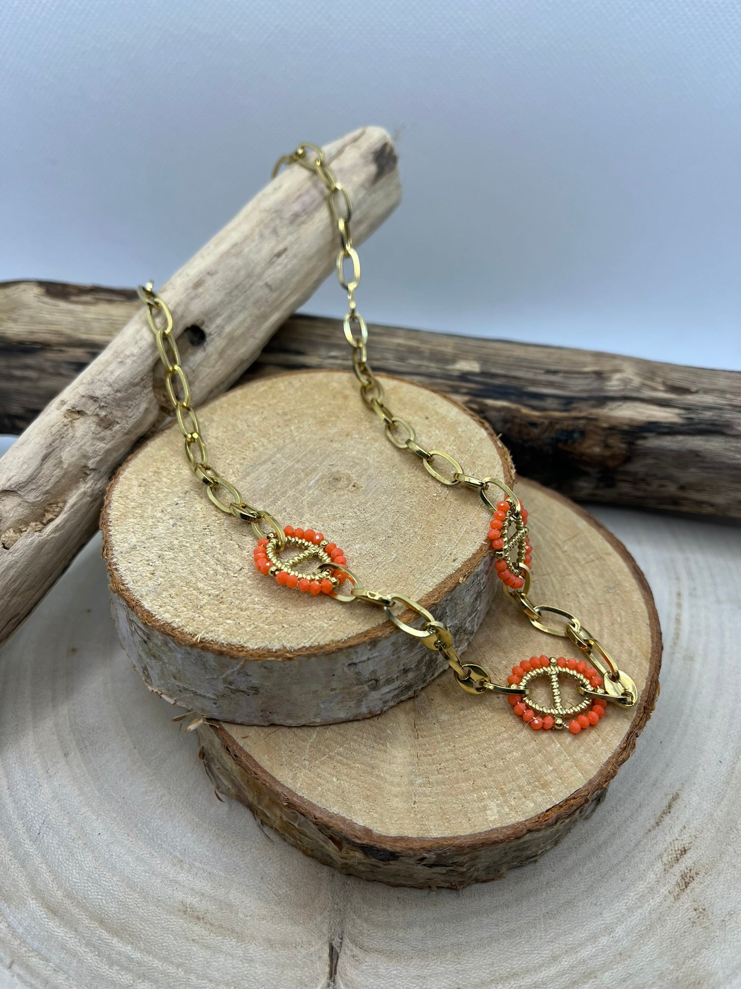 Collier maillon Chaîne Fantaisie doré et Maillon Orange