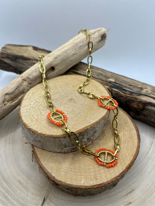 Collier maillon Chaîne Fantaisie doré et Maillon Orange