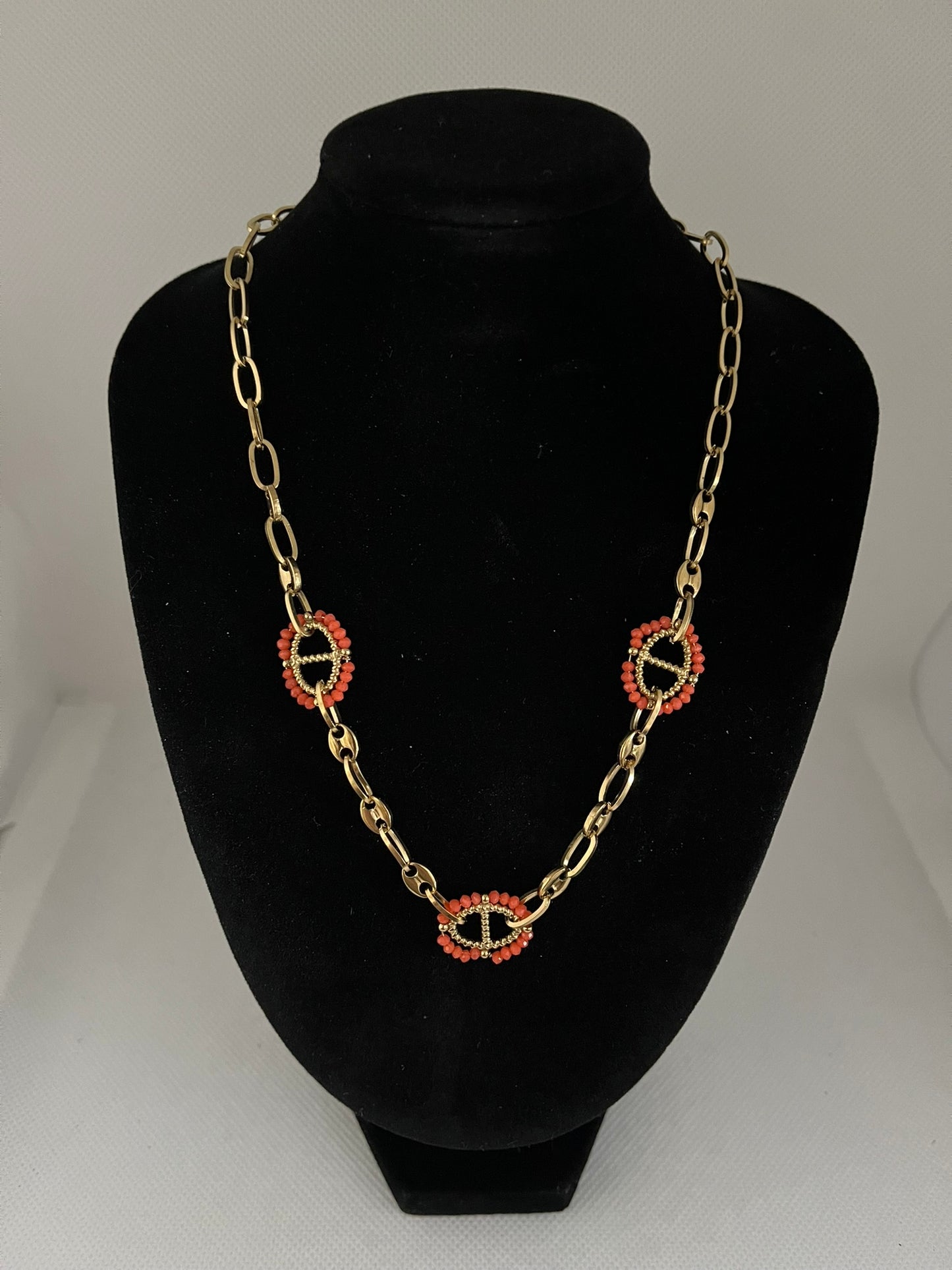 Collier maillon Chaîne Fantaisie doré et Maillon Orange