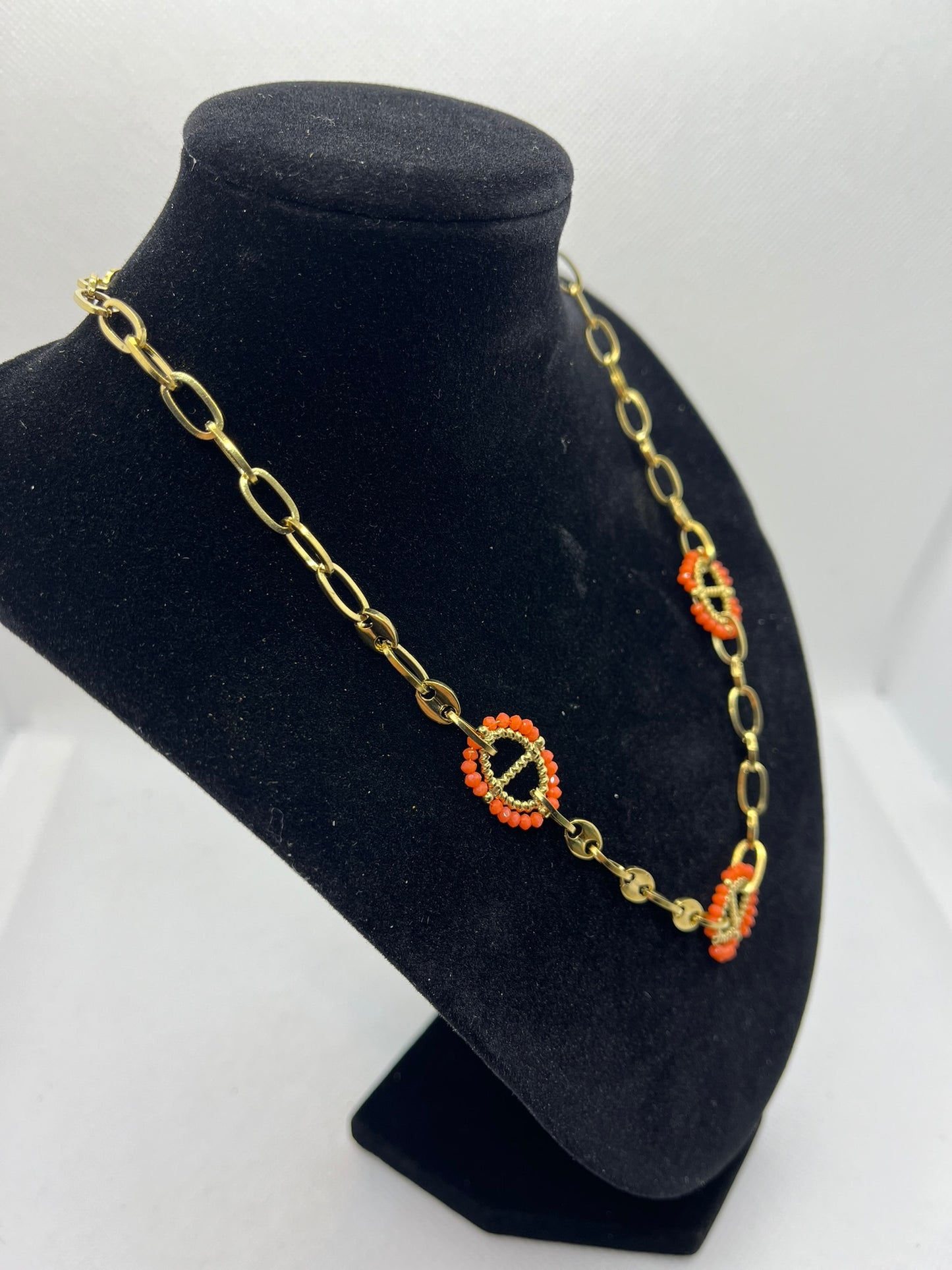Collier maillon Chaîne Fantaisie doré et Maillon Orange