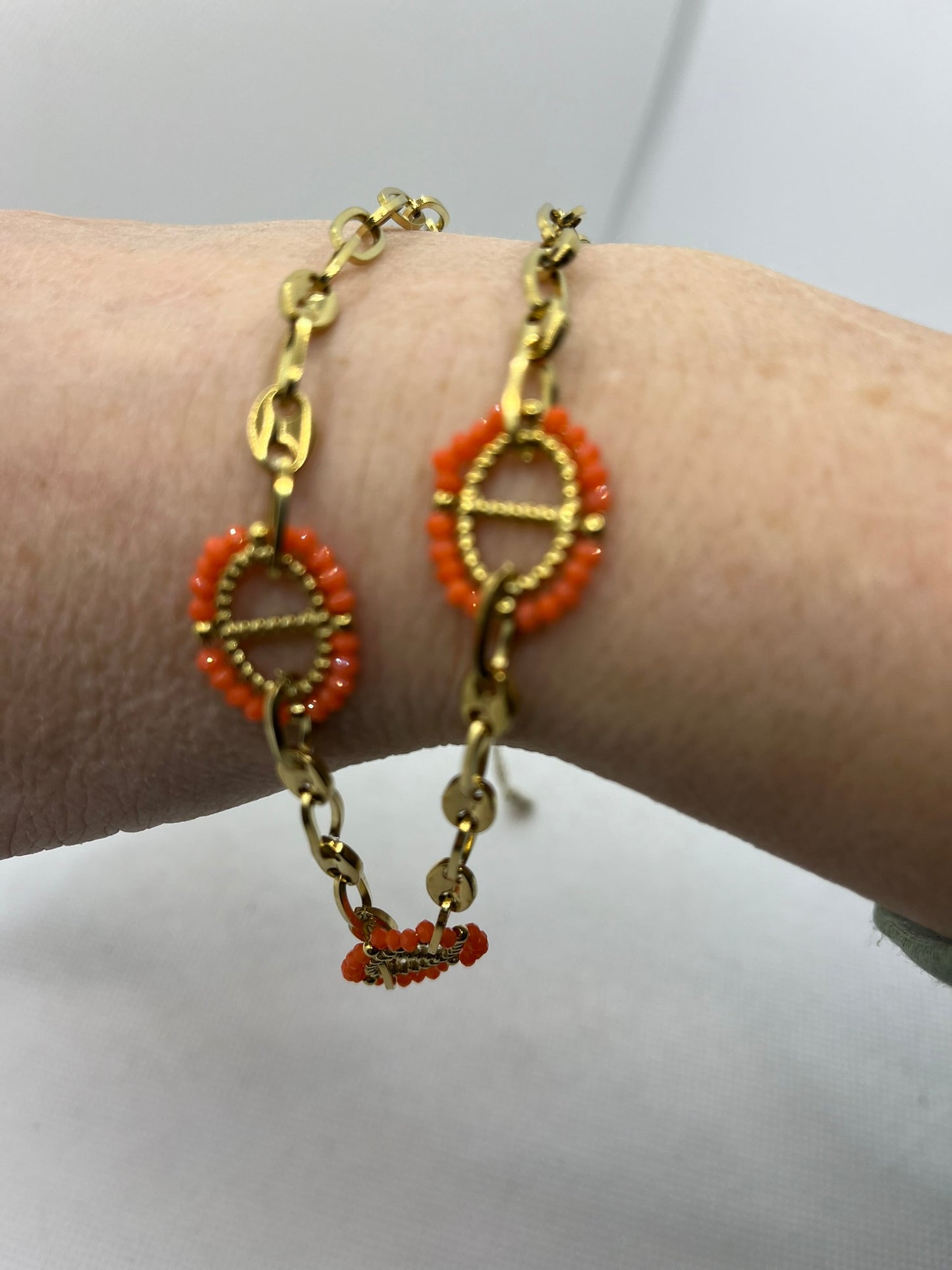 Collier maillon Chaîne Fantaisie doré et Maillon Orange