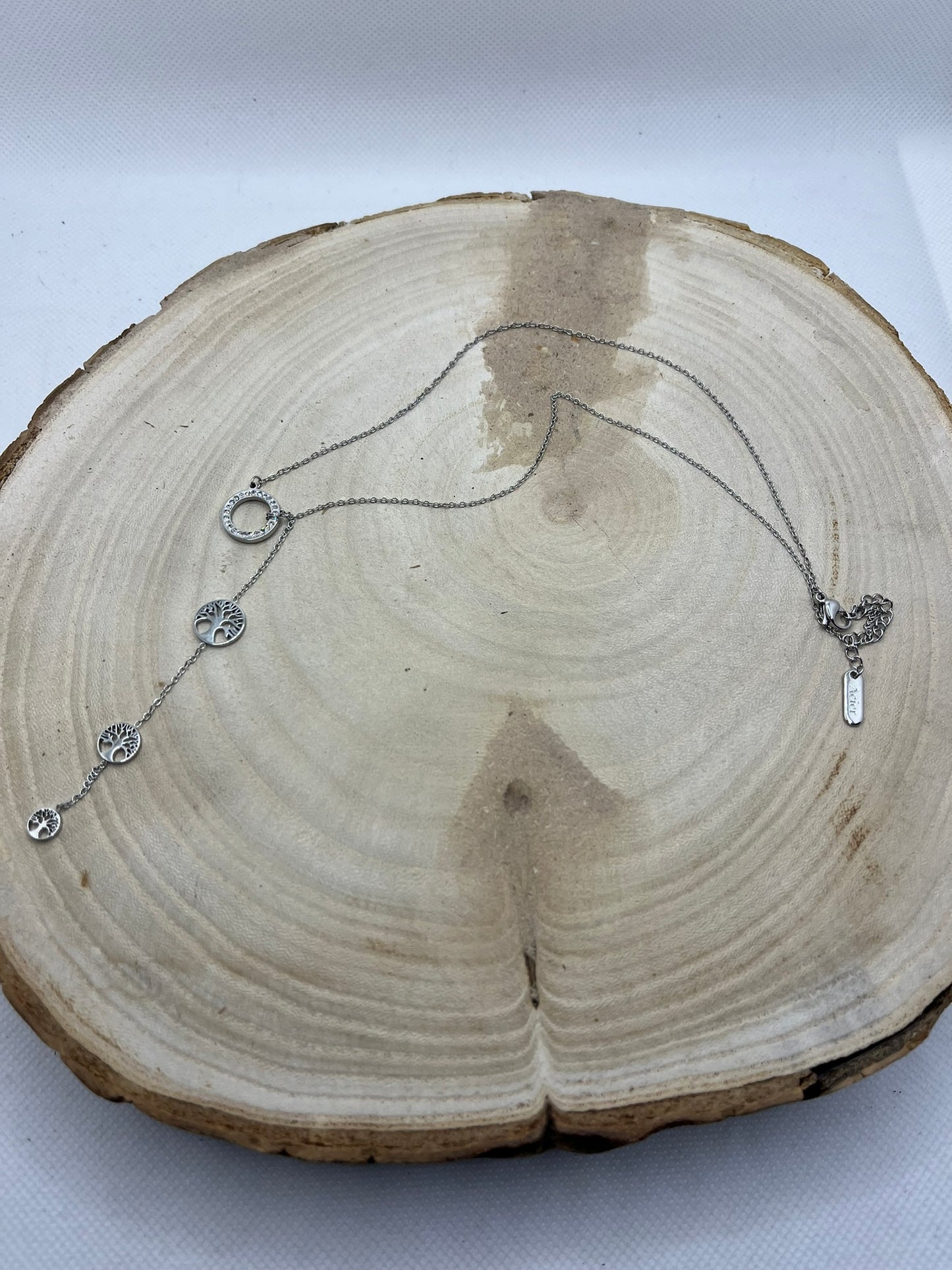 Collier Femme Chaine fine avec Pendentif Anneau ornés de strass brillant et 3 Arbres de Vie - Acier Inoxydable Argenté