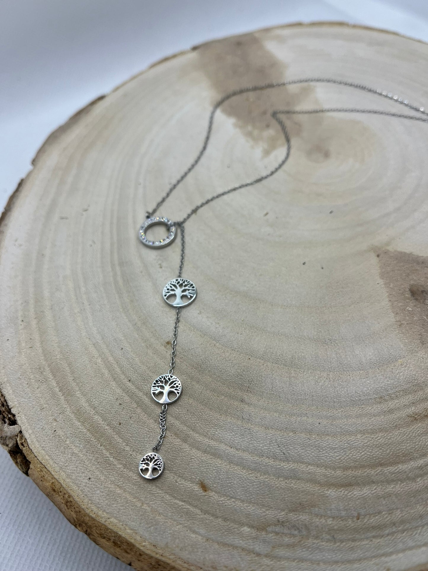 Collier Femme Chaine fine avec Pendentif Anneau ornés de strass brillant et 3 Arbres de Vie - Acier Inoxydable Argenté