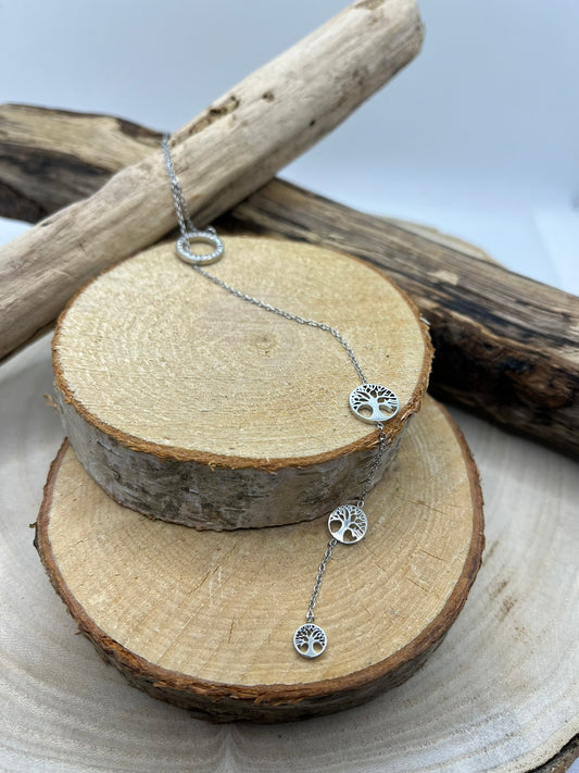 Collier Femme Chaine fine avec Pendentif Anneau ornés de strass brillant et 3 Arbres de Vie - Acier Inoxydable Argenté