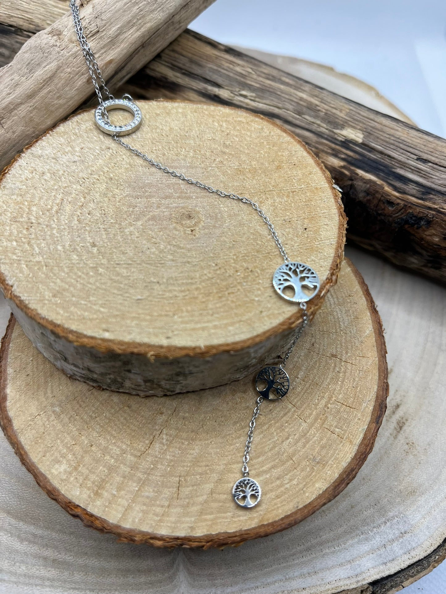 Collier Femme Chaine fine avec Pendentif Anneau ornés de strass brillant et 3 Arbres de Vie - Acier Inoxydable Argenté