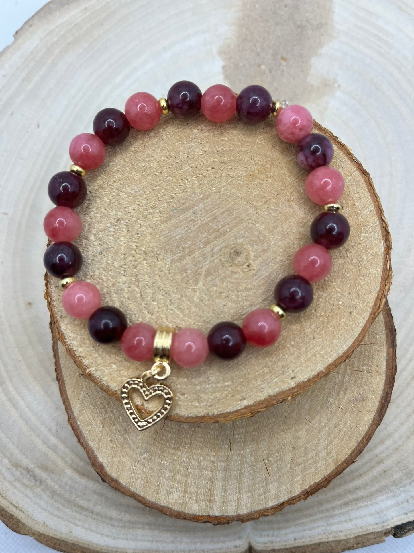 Bracelet Femme pierre naturelle - Rhodochrosite et Grenat Onés d'un pendentif coeur - Fait Main