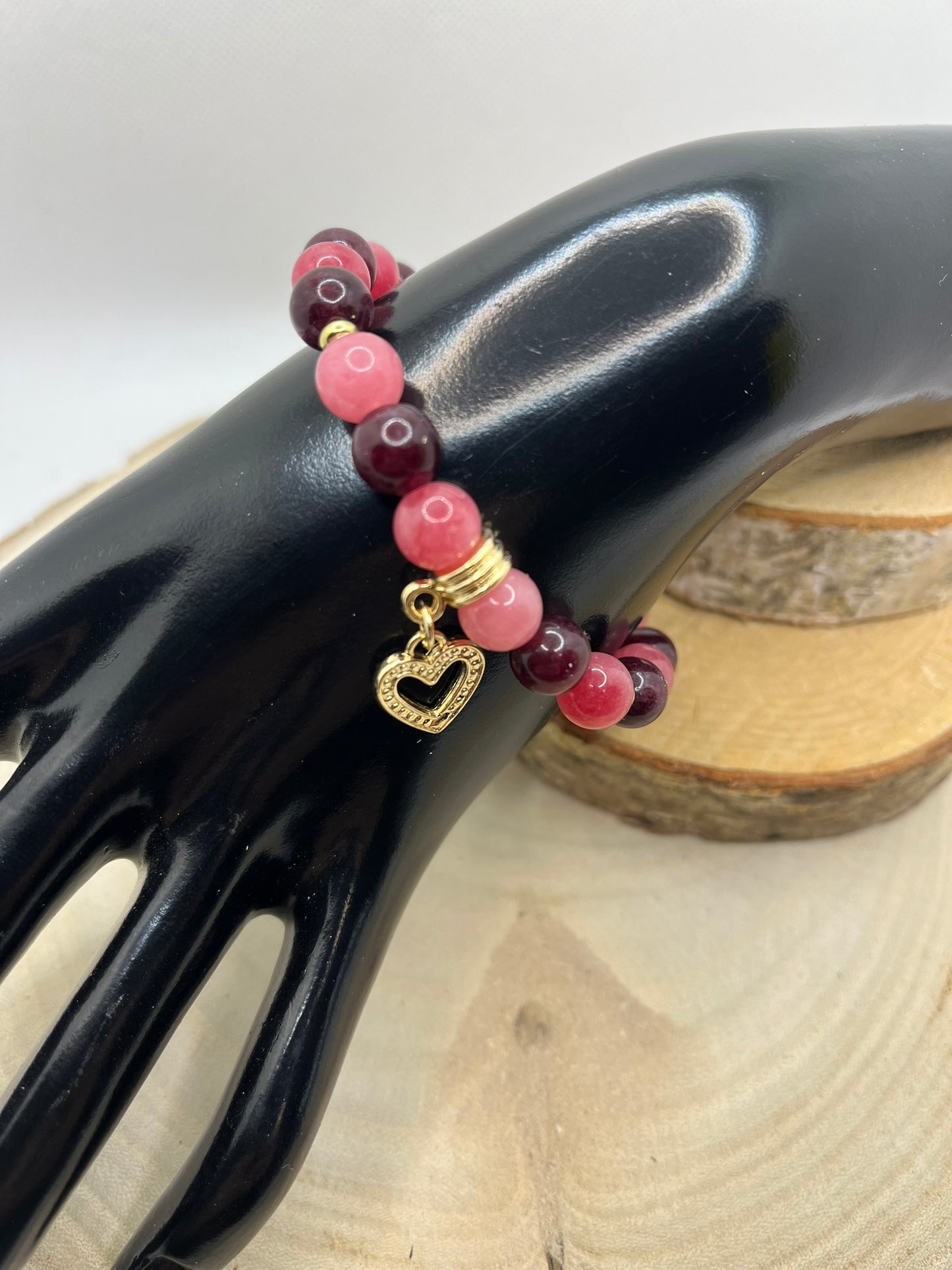 Bracelet Femme pierre naturelle - Rhodochrosite et Grenat Onés d'un pendentif coeur - Fait Main