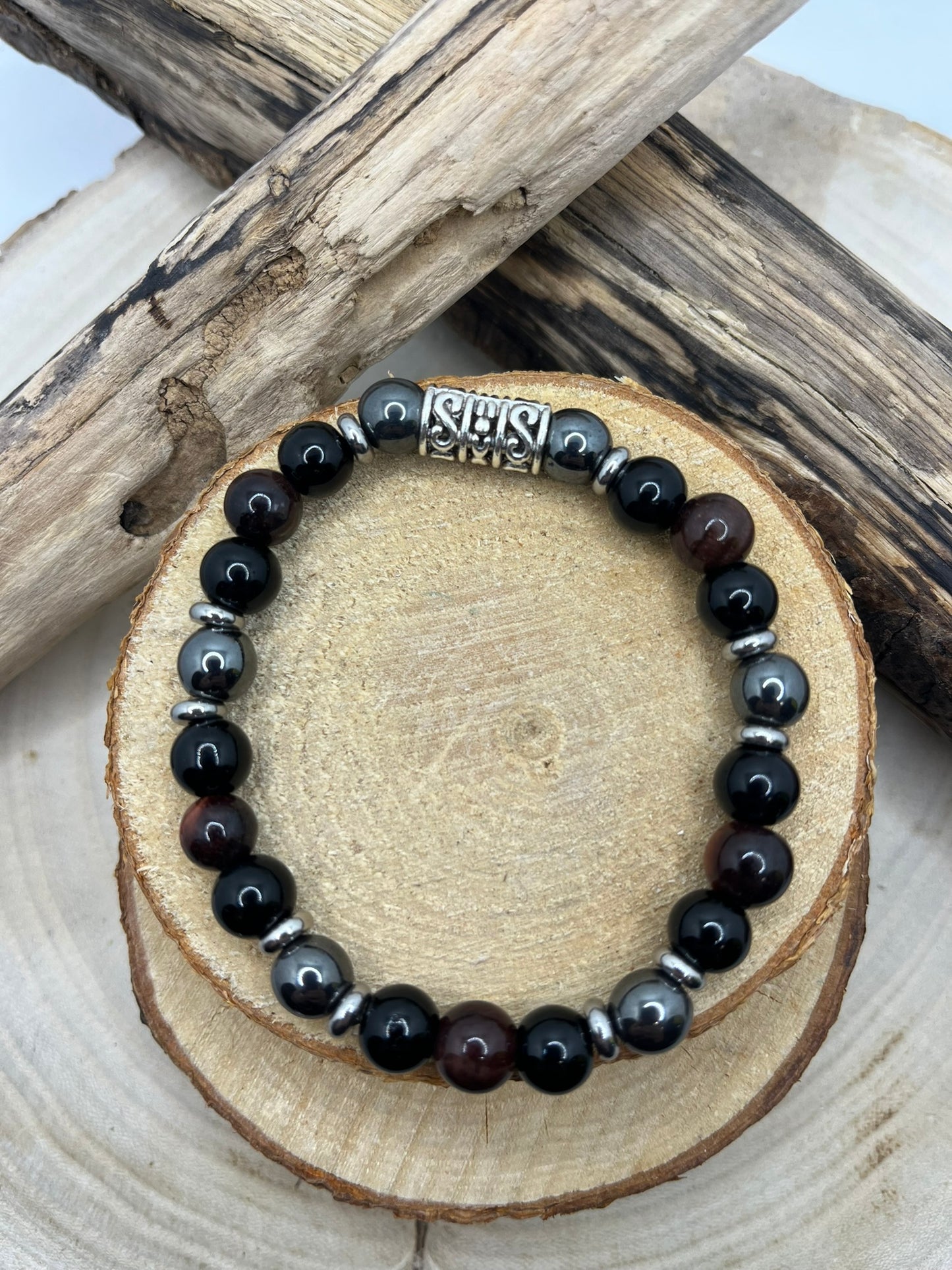 Bracelet Homme - Oeil de Taureau, Hématite et Onyx - Fait Main