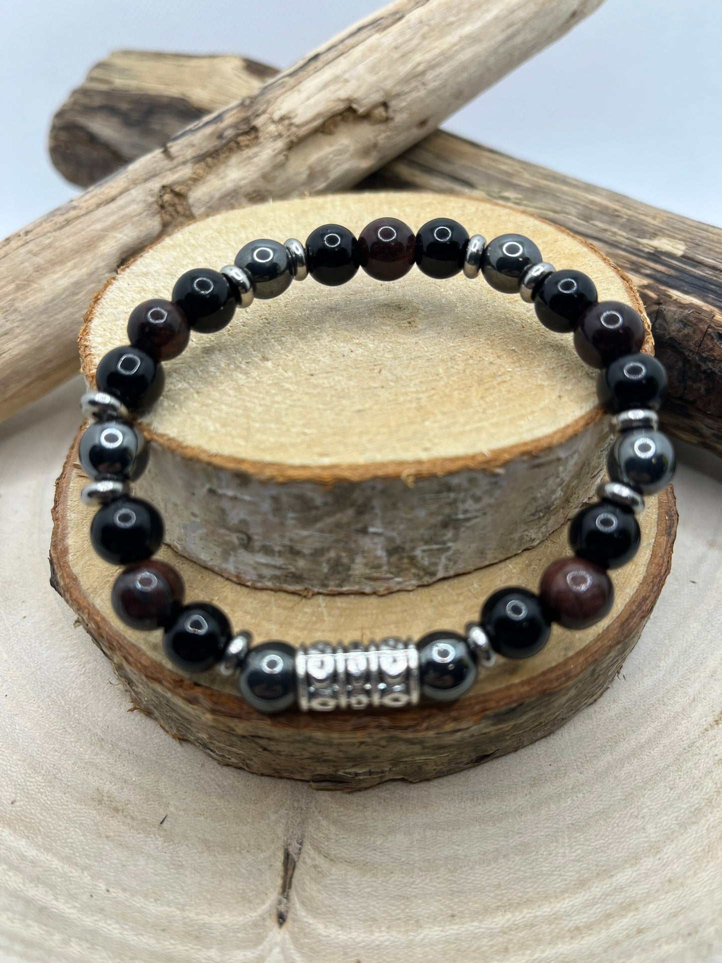 Bracelet Homme - Oeil de Taureau, Hématite et Onyx - Fait Main