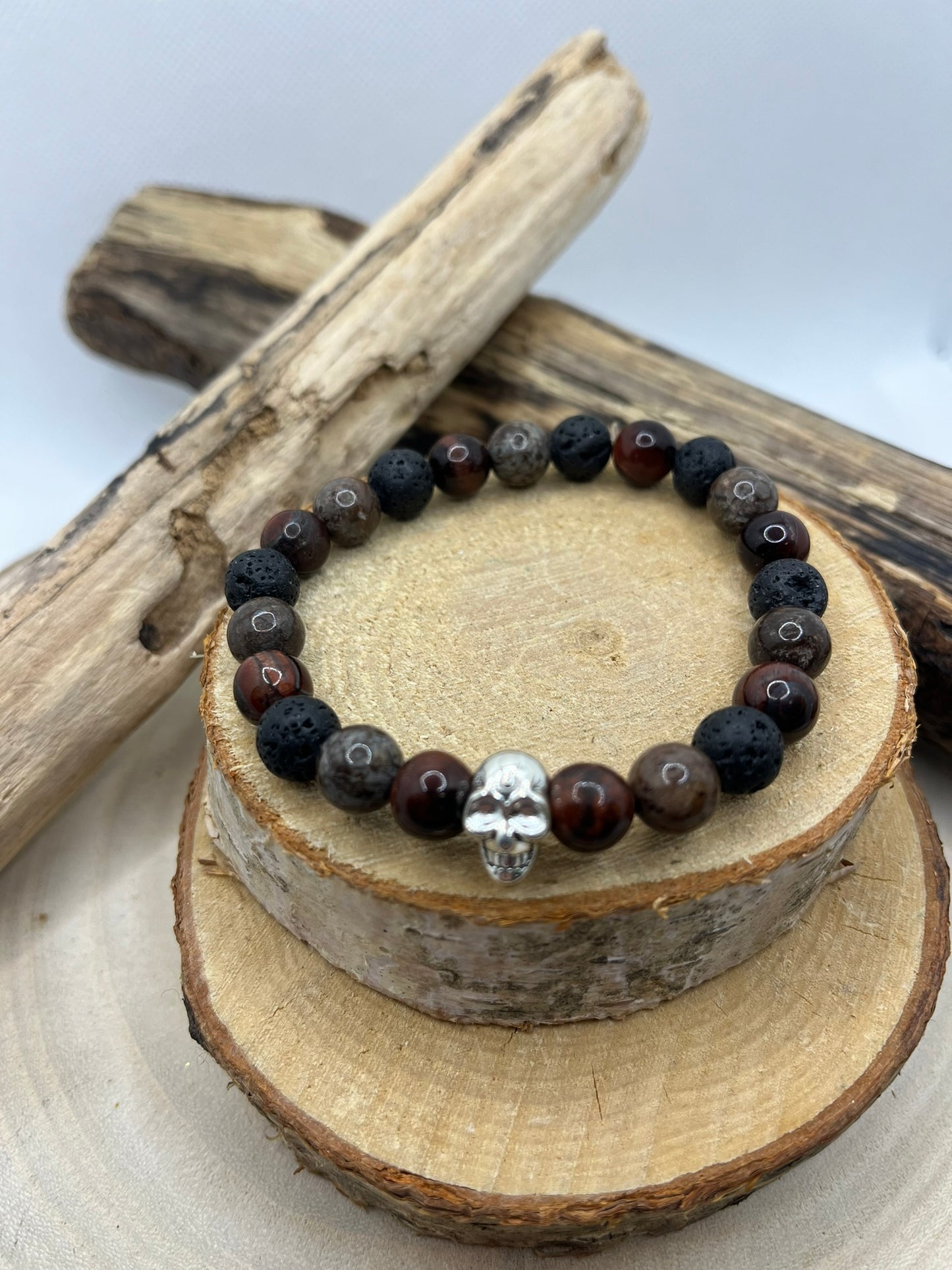 Bracelet Homme - Pierre de Lave, Obsidienne flocon et Oeil de Taureau - Fait Main