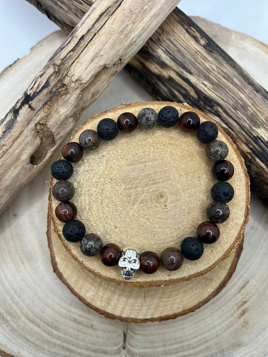 Bracelet Homme - Pierre de Lave, Obsidienne flocon et Oeil de Taureau - Fait Main