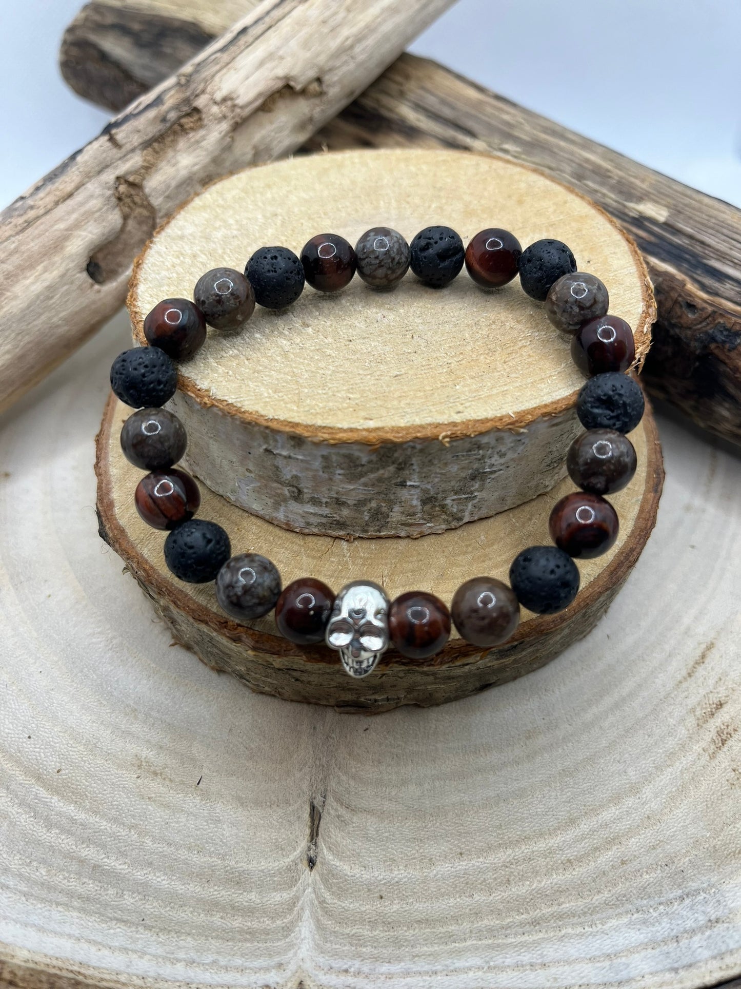 Bracelet Homme - Pierre de Lave, Obsidienne flocon et Oeil de Taureau - Fait Main
