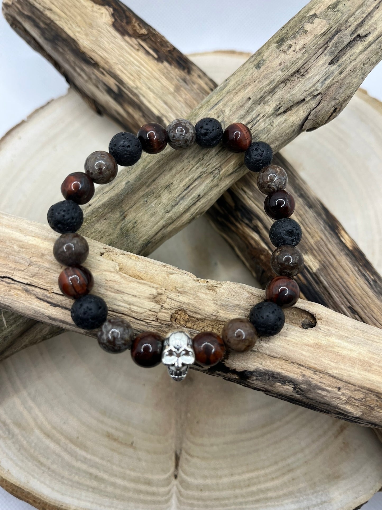 Bracelet Homme - Pierre de Lave, Obsidienne flocon et Oeil de Taureau - Fait Main