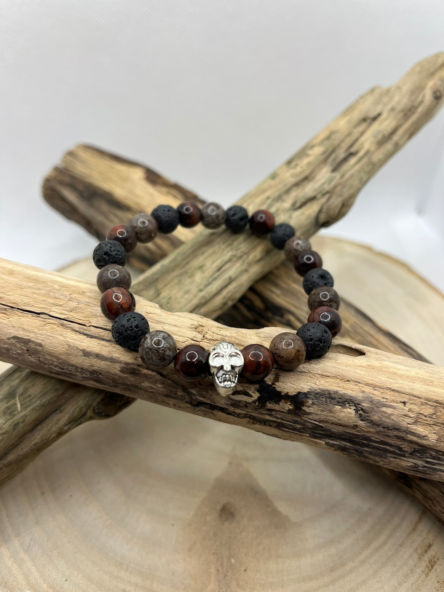 Bracelet Homme - Pierre de Lave, Obsidienne flocon et Oeil de Taureau - Fait Main