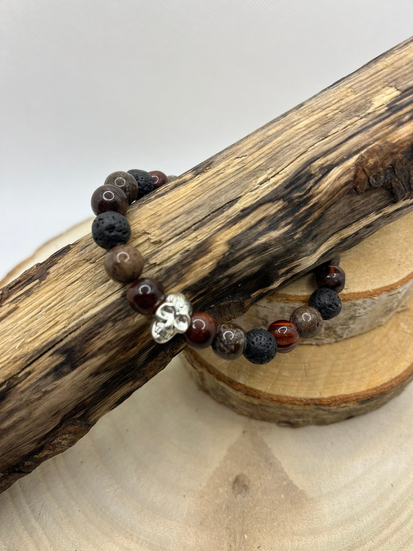 Bracelet Homme - Pierre de Lave, Obsidienne flocon et Oeil de Taureau - Fait Main