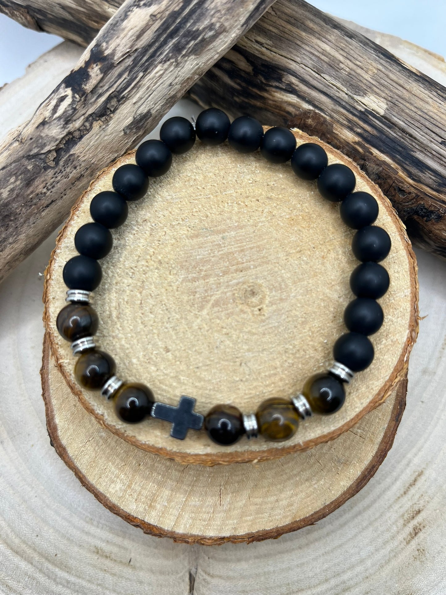 Bracelet Homme - Oeil de Tigre et Onyx Orné d'une croix en hématite - Fait main