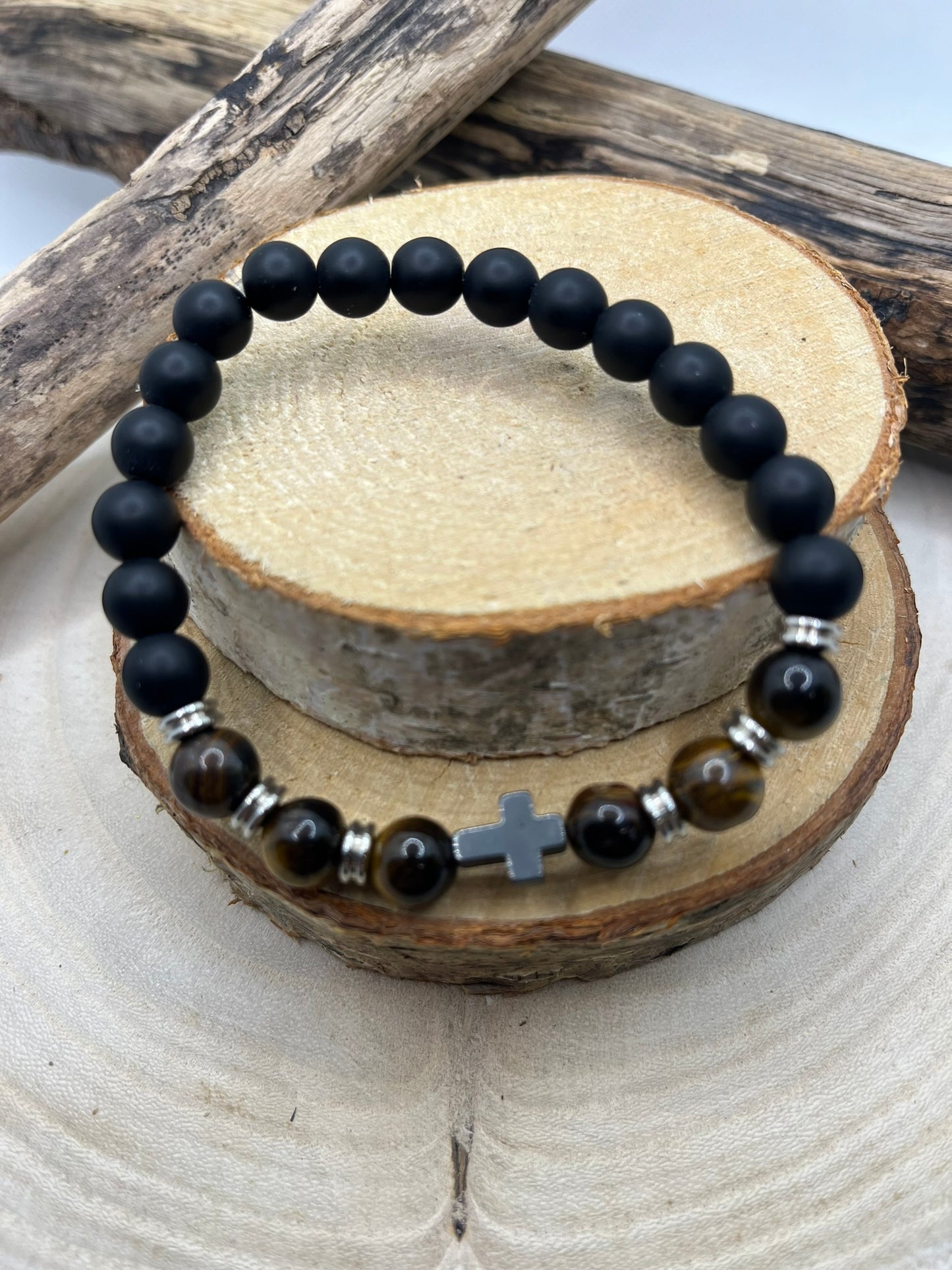 Bracelet Homme - Oeil de Tigre et Onyx Orné d'une croix en hématite - Fait main