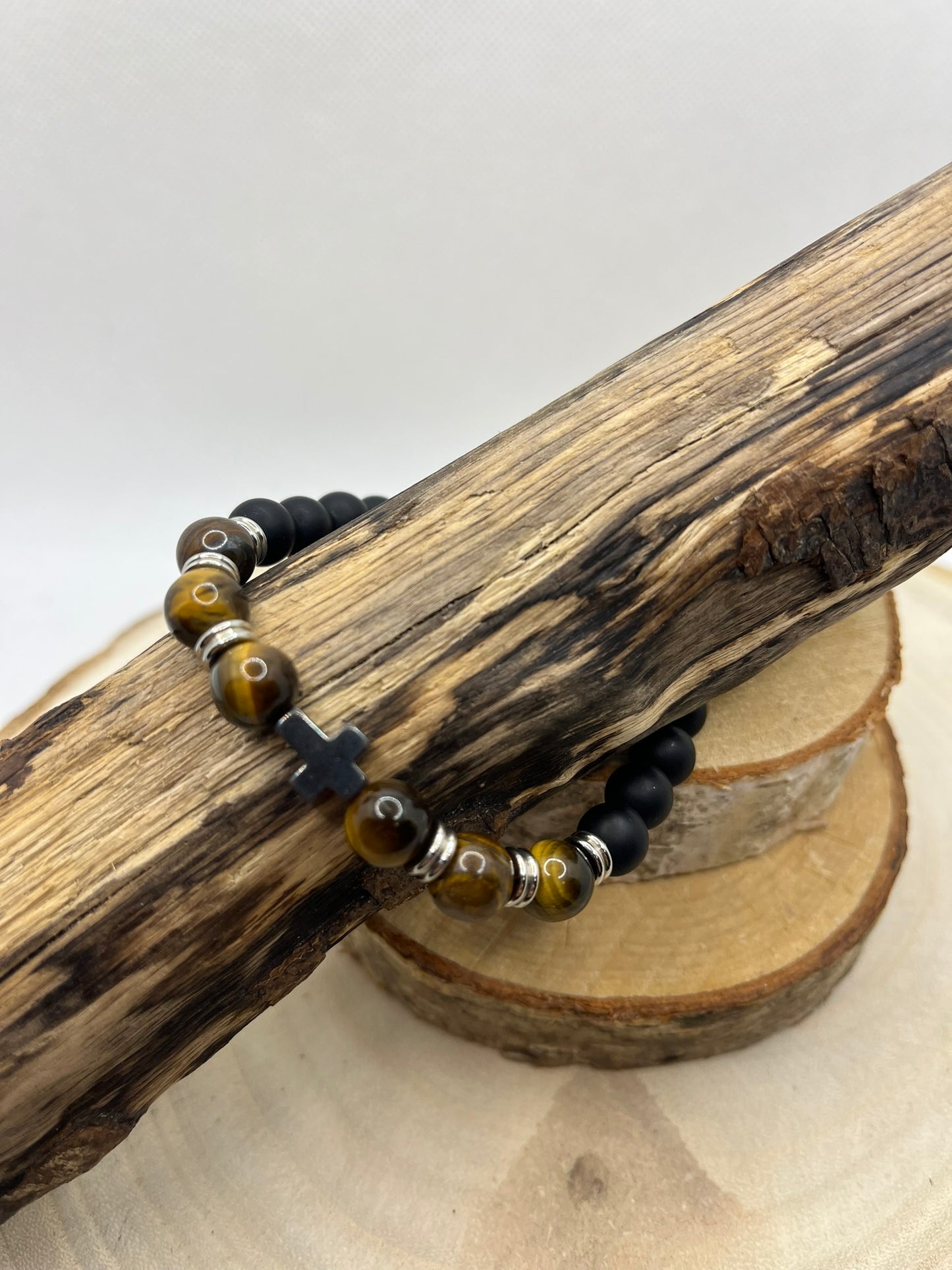Bracelet Homme - Oeil de Tigre et Onyx Orné d'une croix en hématite - Fait main