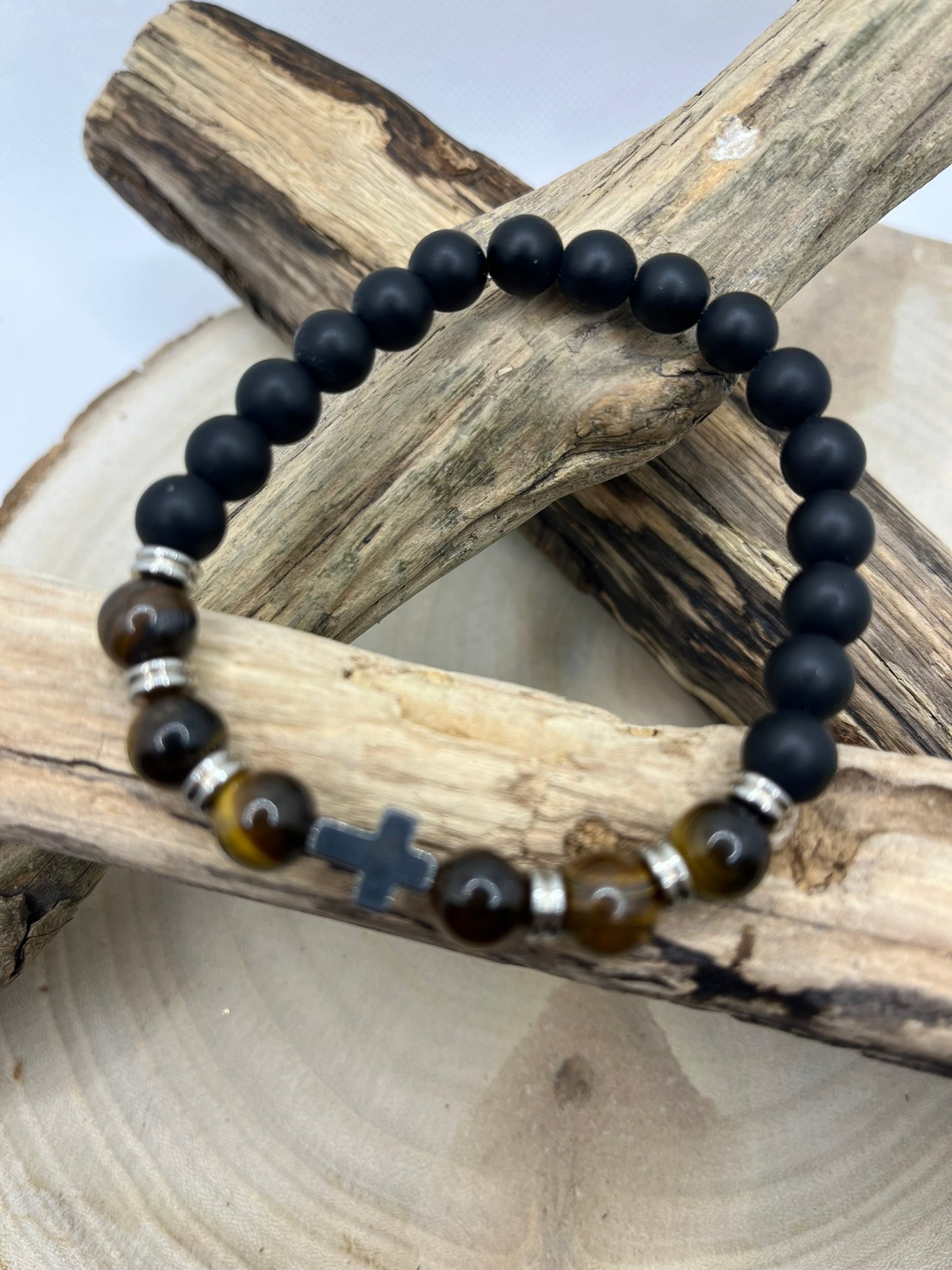 Bracelet Homme - Oeil de Tigre et Onyx Orné d'une croix en hématite - Fait main