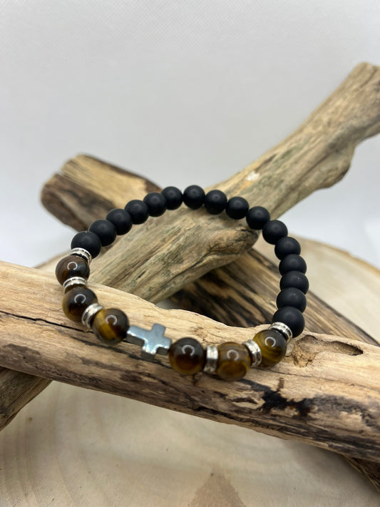 Bracelet Homme - Oeil de Tigre et Onyx Orné d'une croix en hématite - Fait main