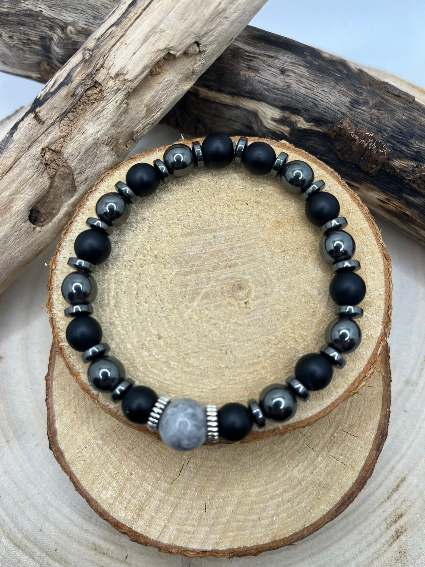 Bracelet Homme - Hématite et Onyx Orné d'une pierre Jaspe Gris - Fait main