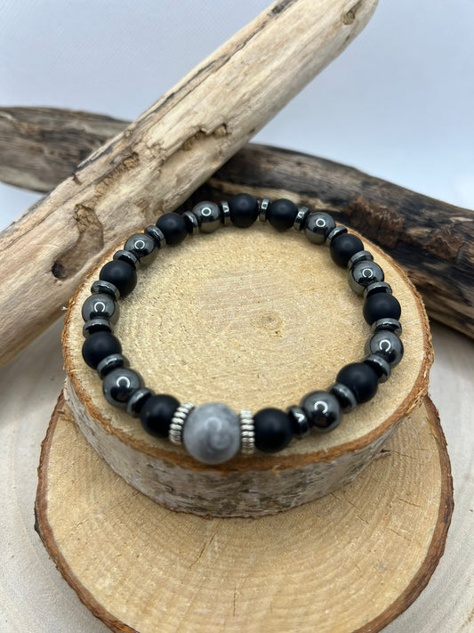 Bracelet Homme - Hématite et Onyx Orné d'une pierre Jaspe Gris - Fait main