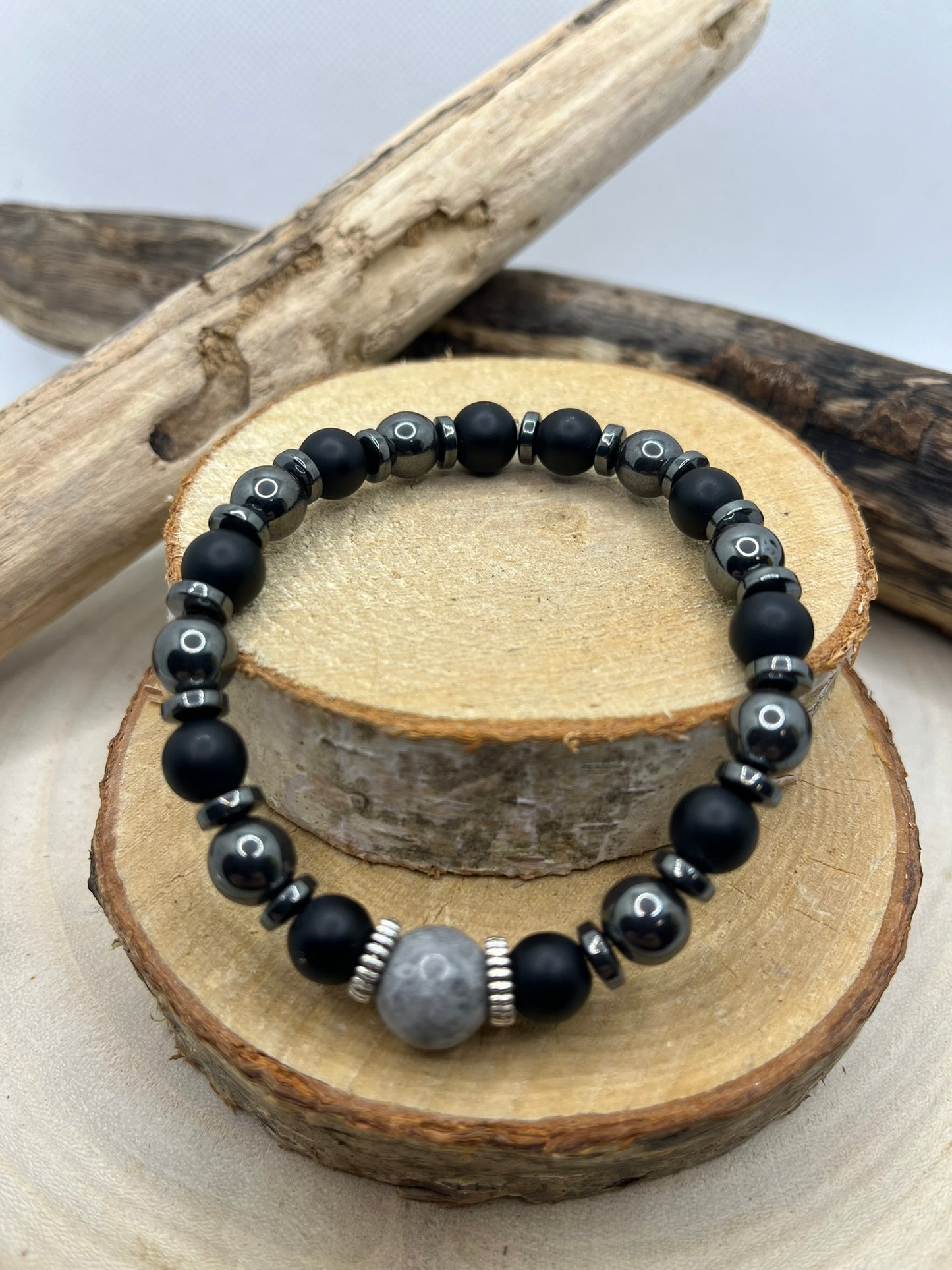 Bracelet Homme - Hématite et Onyx Orné d'une pierre Jaspe Gris - Fait main