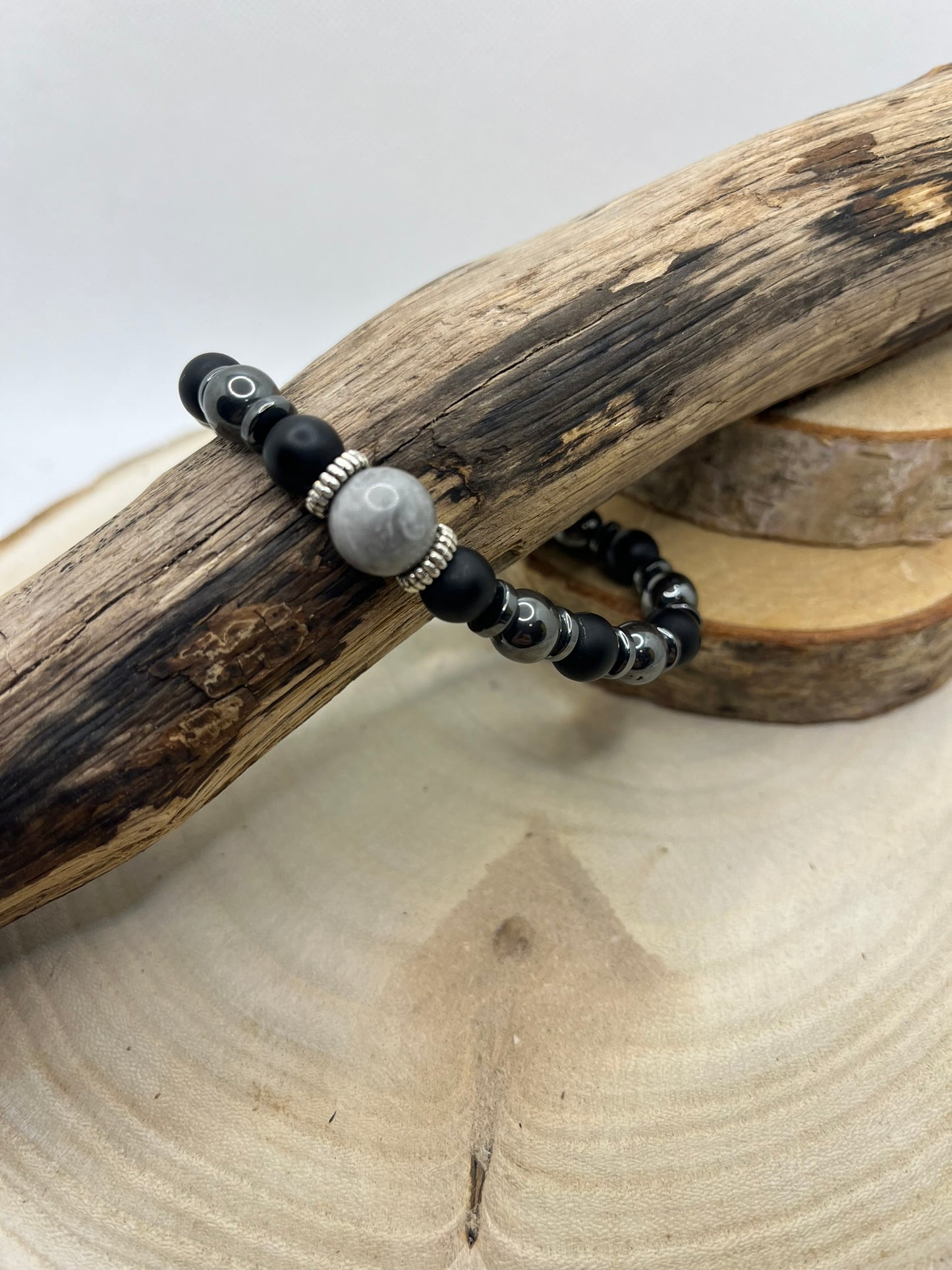Bracelet Homme - Hématite et Onyx Orné d'une pierre Jaspe Gris - Fait main