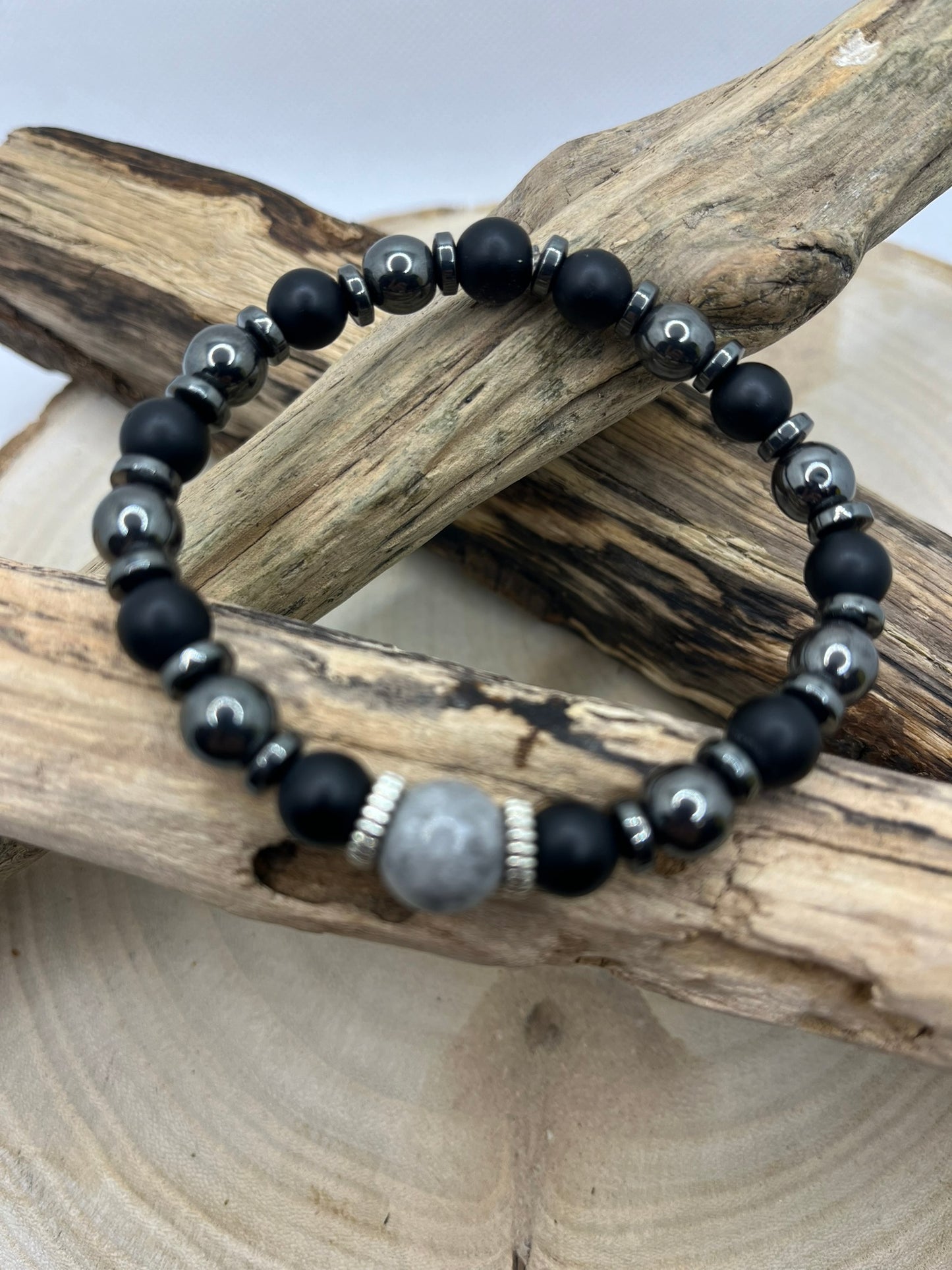 Bracelet Homme - Hématite et Onyx Orné d'une pierre Jaspe Gris - Fait main