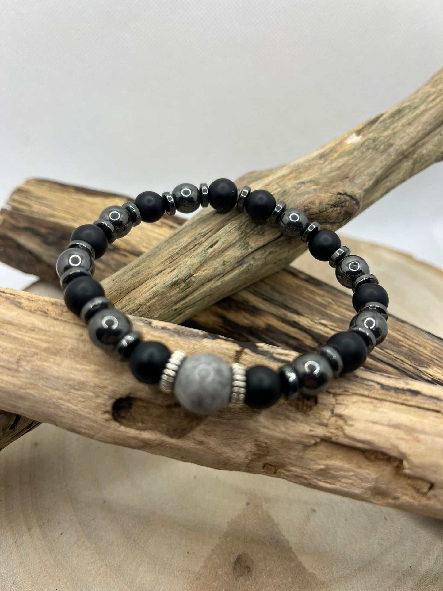Bracelet Homme - Hématite et Onyx Orné d'une pierre Jaspe Gris - Fait main