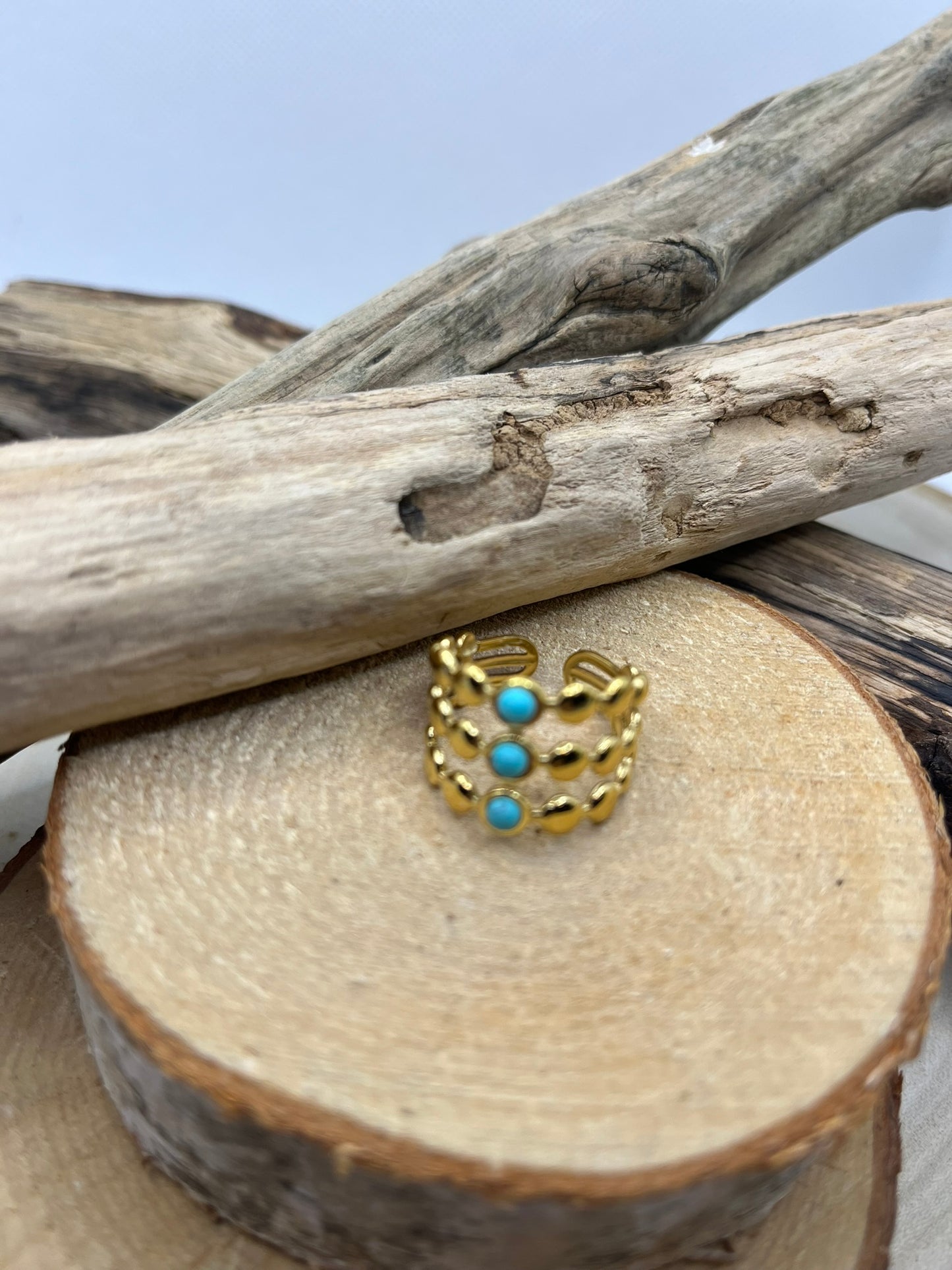 Bague Ajustable Chic Orné de 3 Perles Turquoises