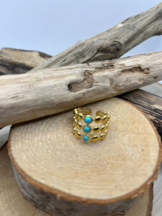 Bague Ajustable Chic Orné de 3 Perles Turquoises