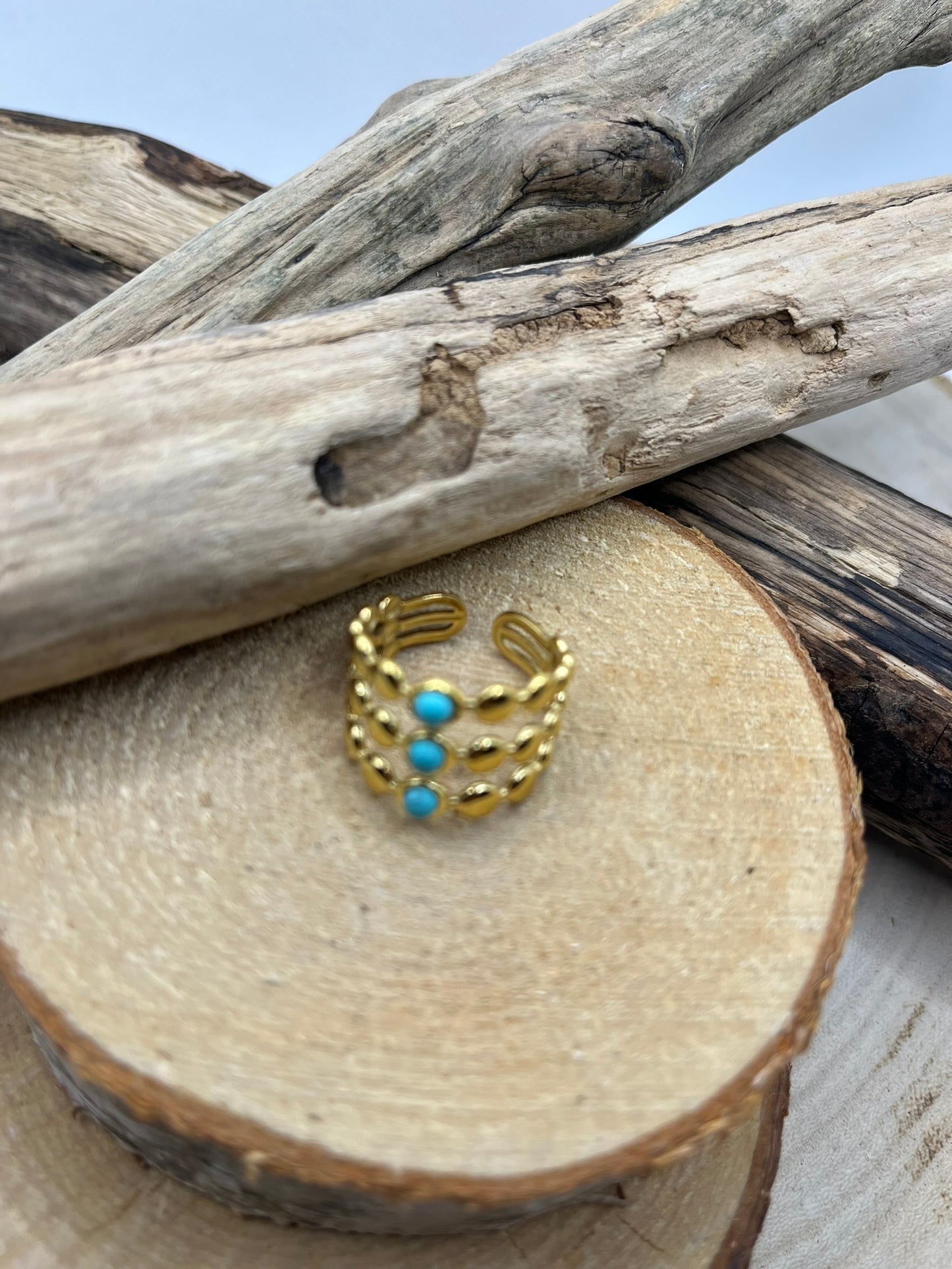 Bague Ajustable Chic Orné de 3 Perles Turquoises