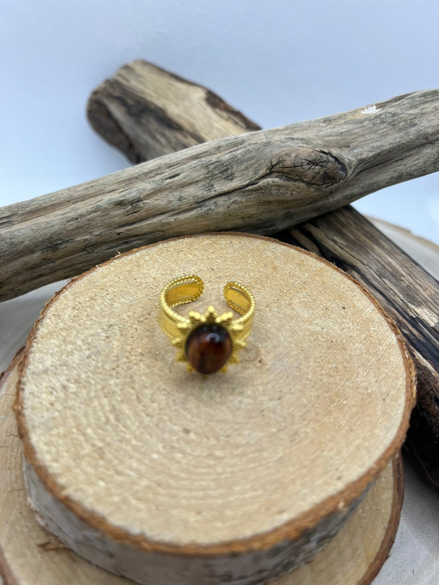 Bague Ajustable Chic Orné d'une Pierre Oeil de Tigre - Acier inoxydable doré