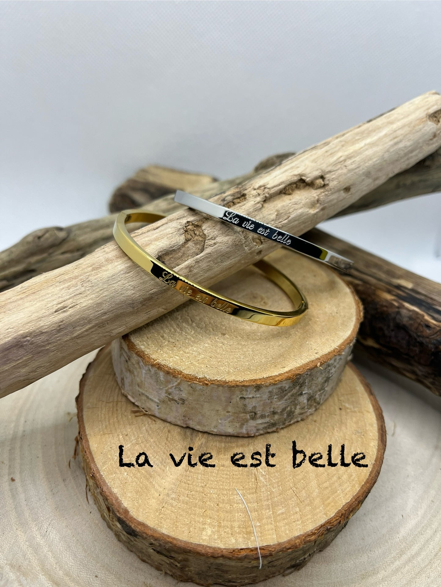 Bracelet Jonc message Femme ( la vie est belle ) - Acier inoxydable doré et en Argenté