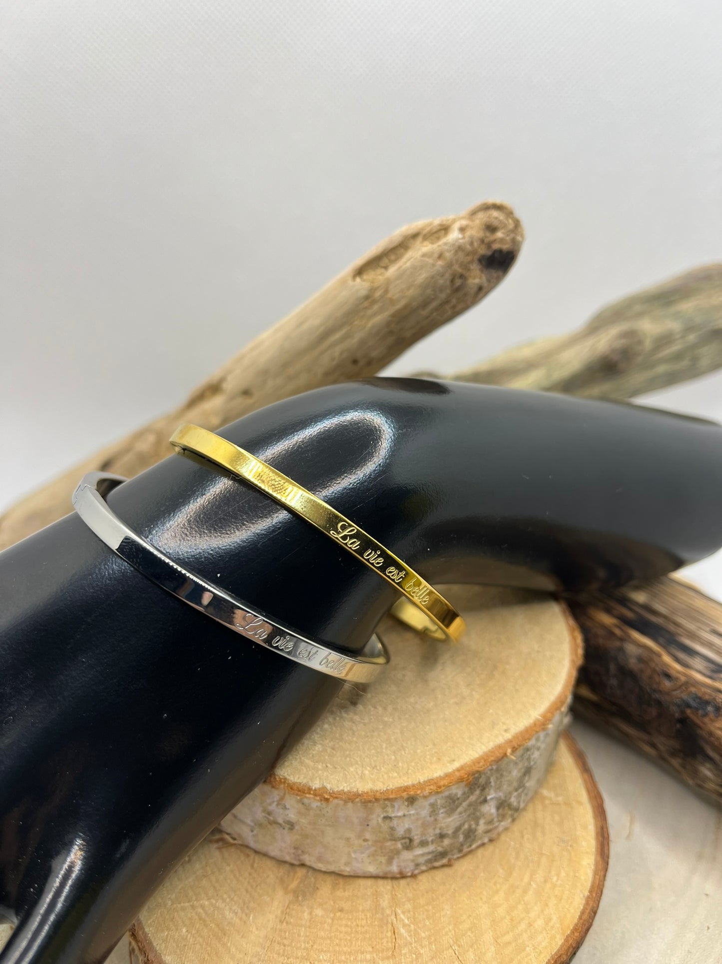 Bracelet Jonc message Femme ( la vie est belle ) - Acier inoxydable doré et en Argenté