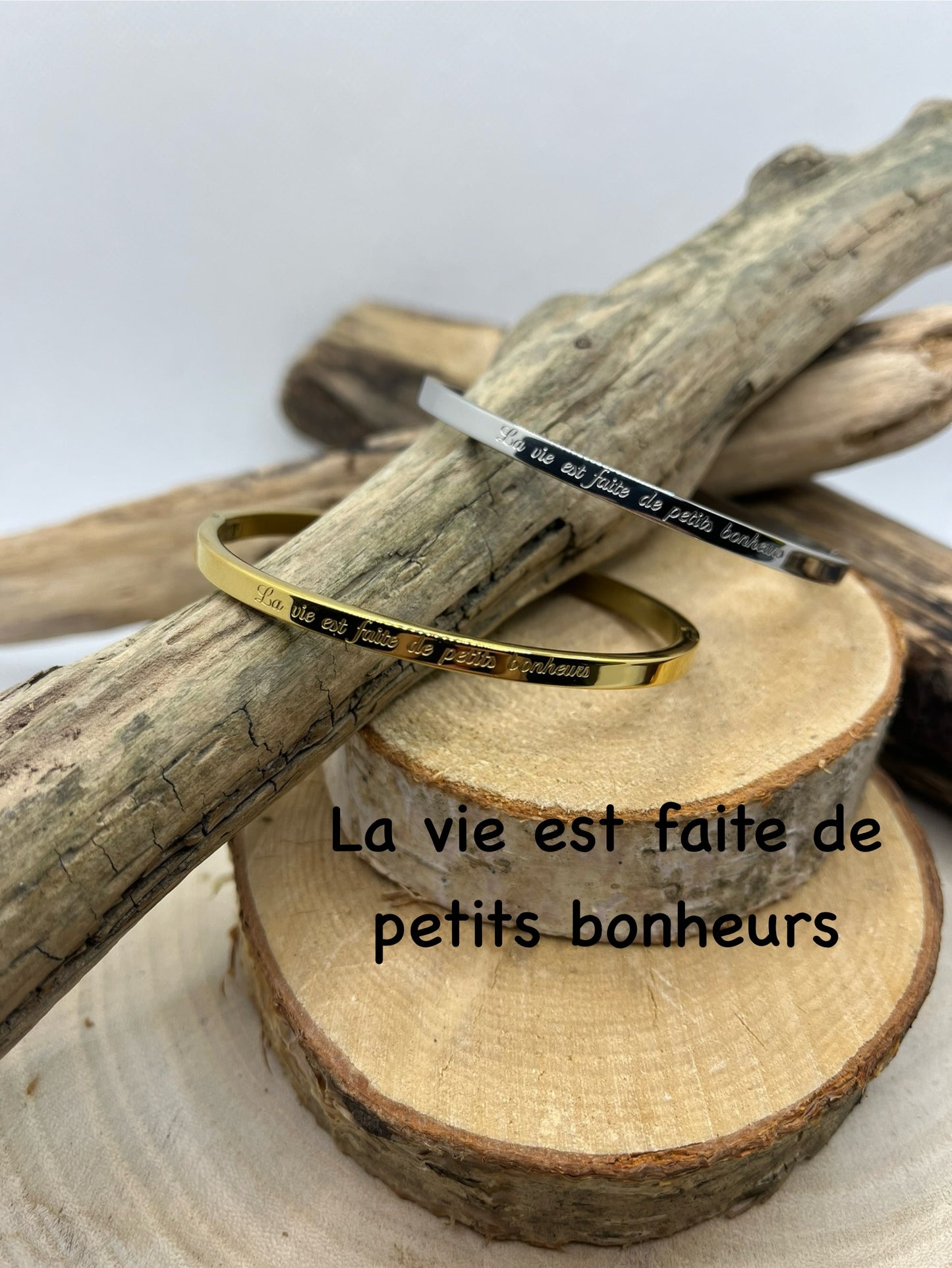 Bracelet Jonc à message ( La vie est faite de petits bonheur ) - Acier inoxydable en doré ou en argent