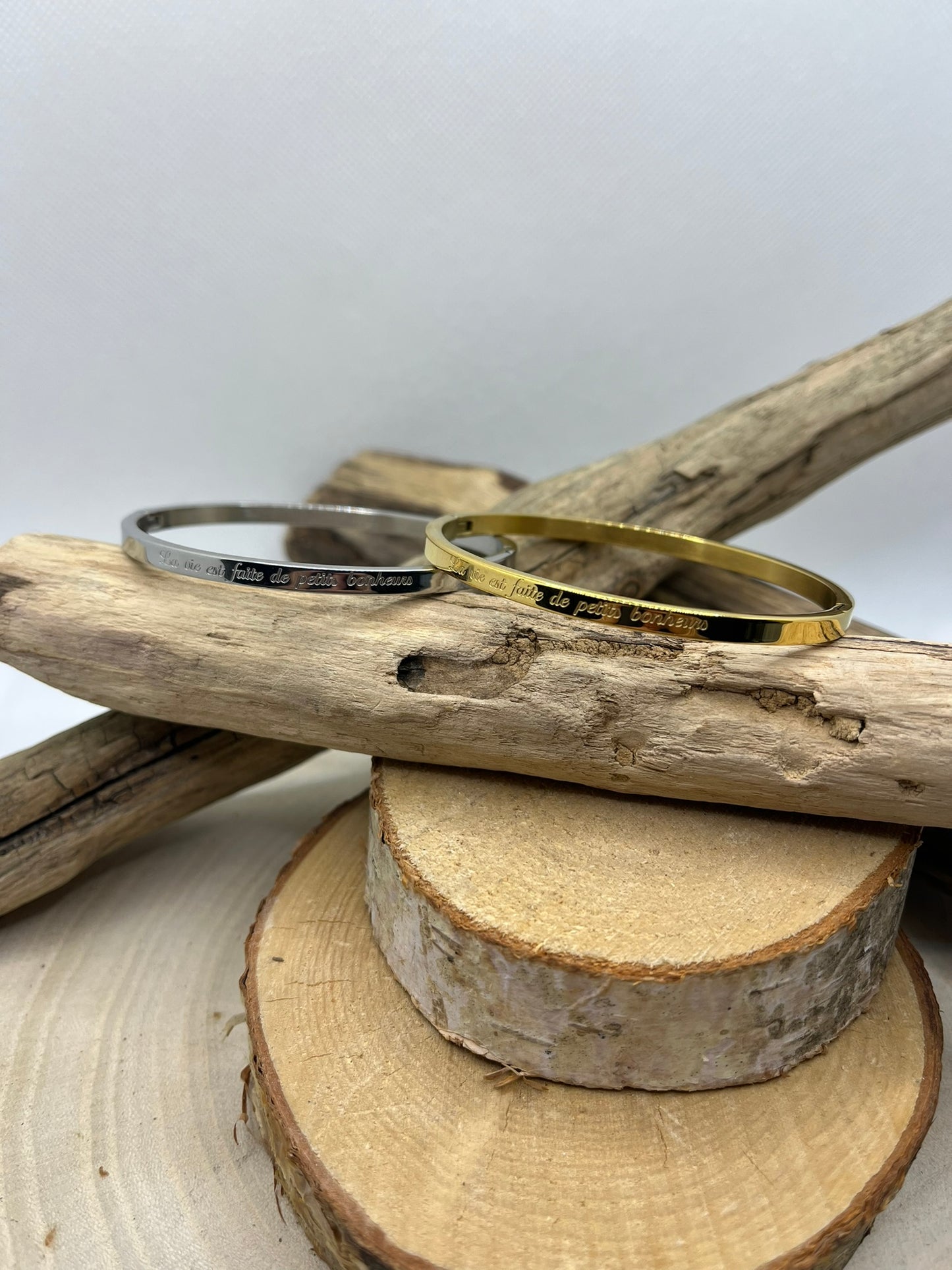 Bracelet Jonc à message ( La vie est faite de petits bonheur ) - Acier inoxydable en doré ou en argent